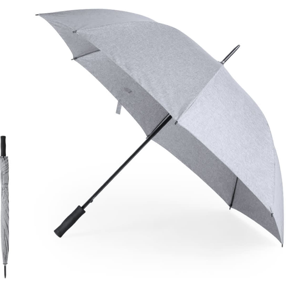 A grey Estaro umbrella with a black handle and a compact design for easy storage. It features a logo on the handle.