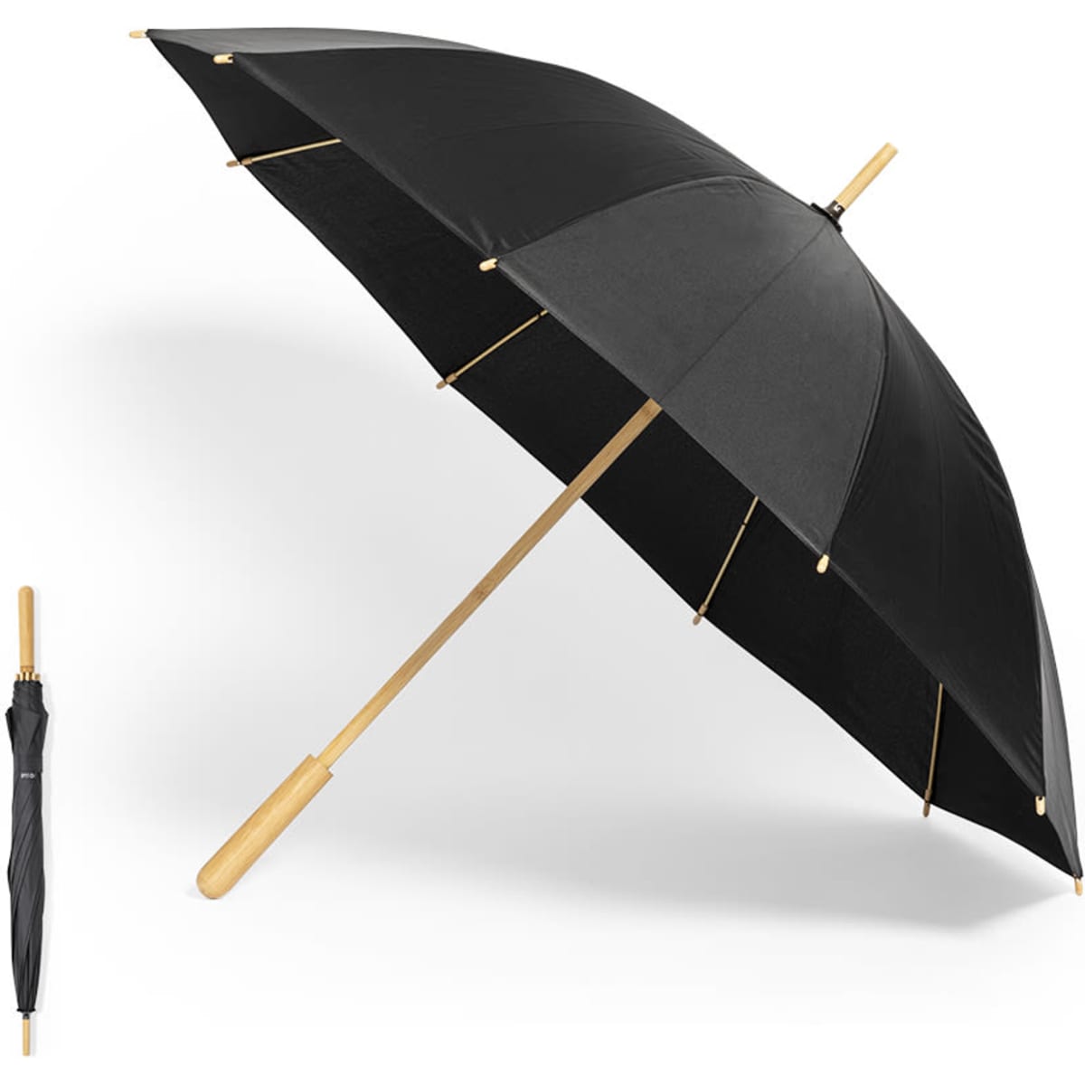 A black umbrella with a wooden handle, alongside a folded version of the same umbrella.