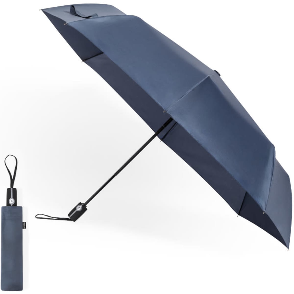 A navy umbrella with a sleek design, accompanied by a matching compact case for storage.