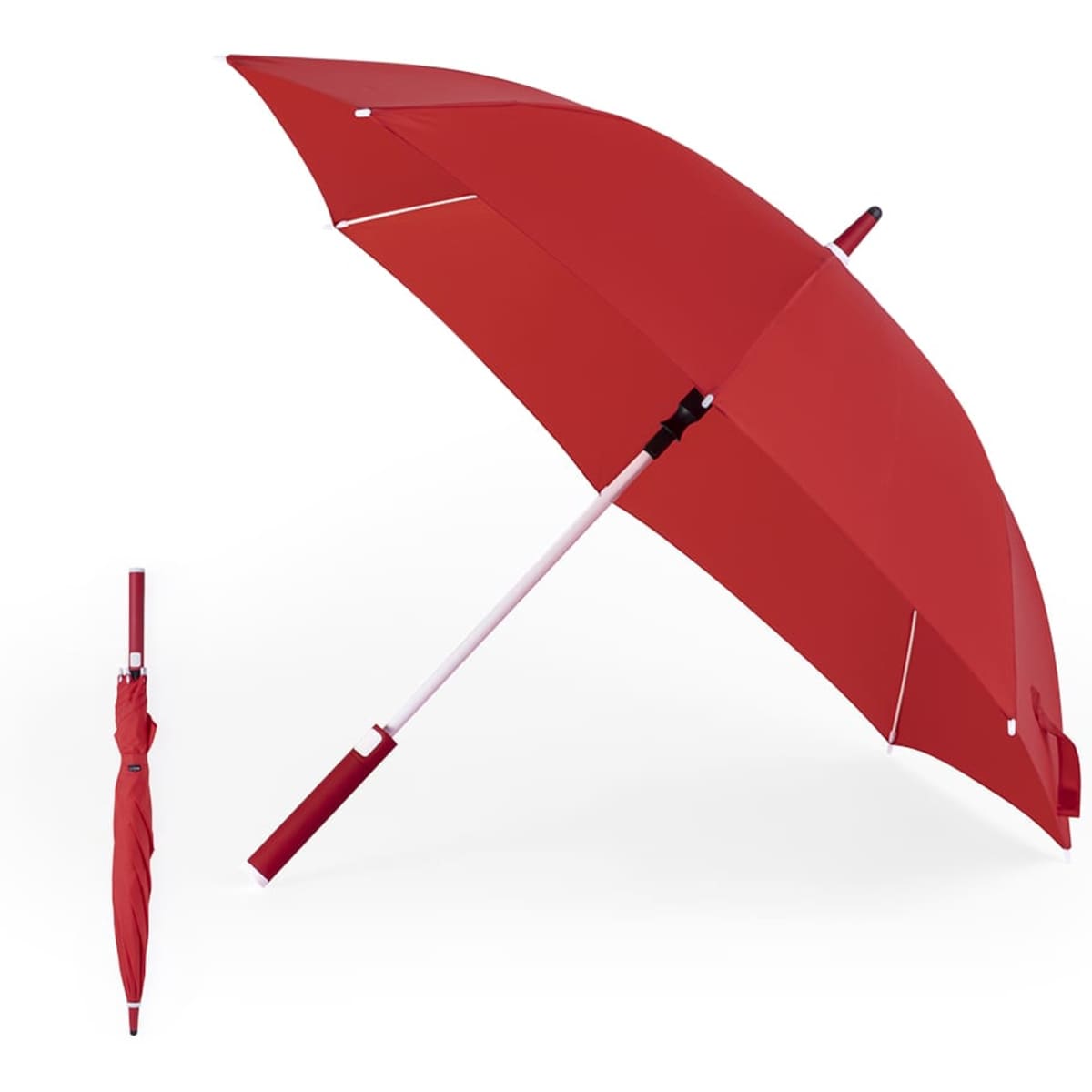 A red umbrella with a matching handle and a compact folded design. It features a logo on the handle.