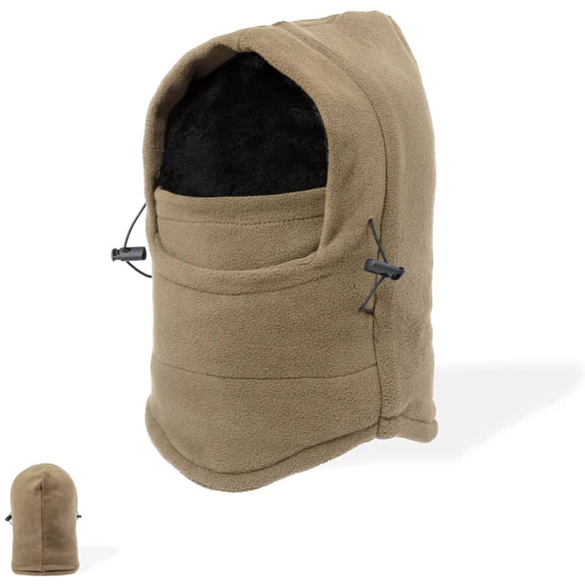 A tan beanie-style hat with a soft interior, featuring an adjustable drawstring and a small logo.