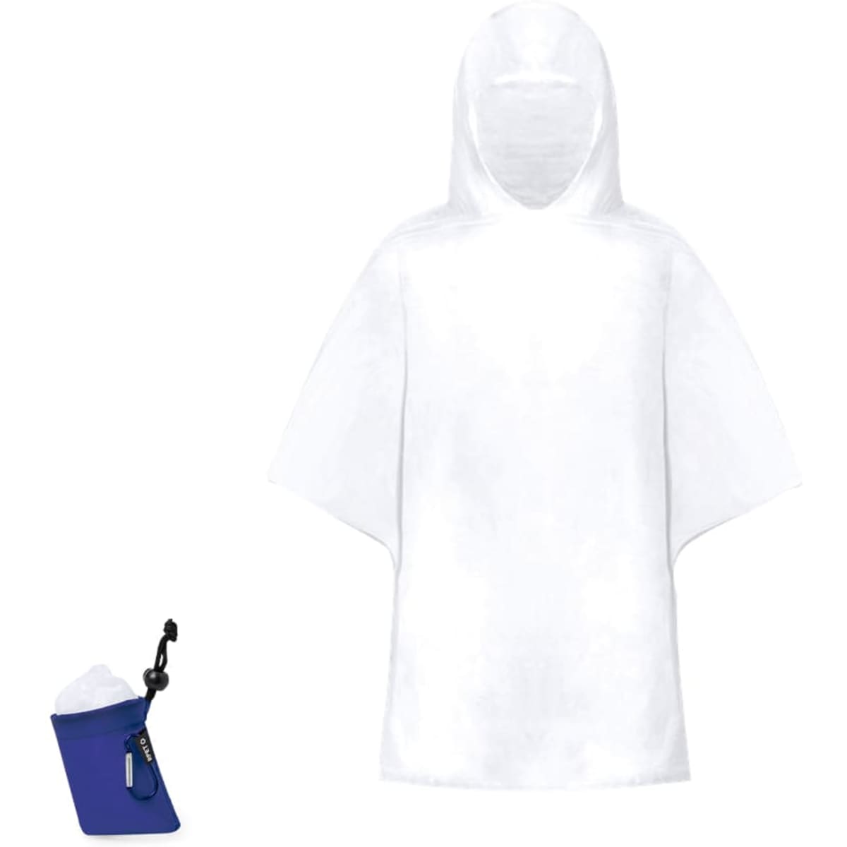 A white poncho with a hood, accompanied by a blue pouch for storage. The product features a logo.