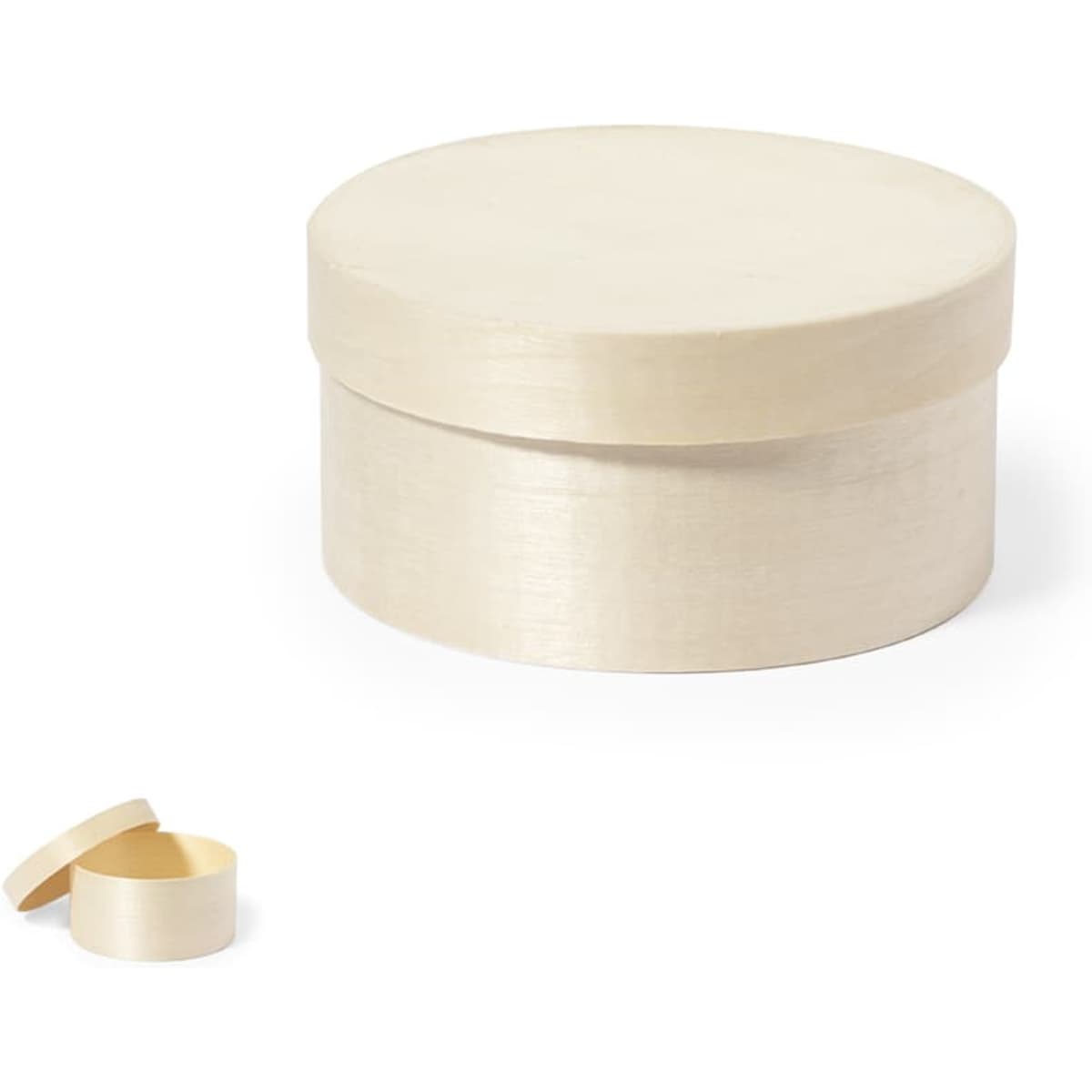 A pale wooden round gift box with a matching smaller lid. The box has a smooth finish and a light colour.