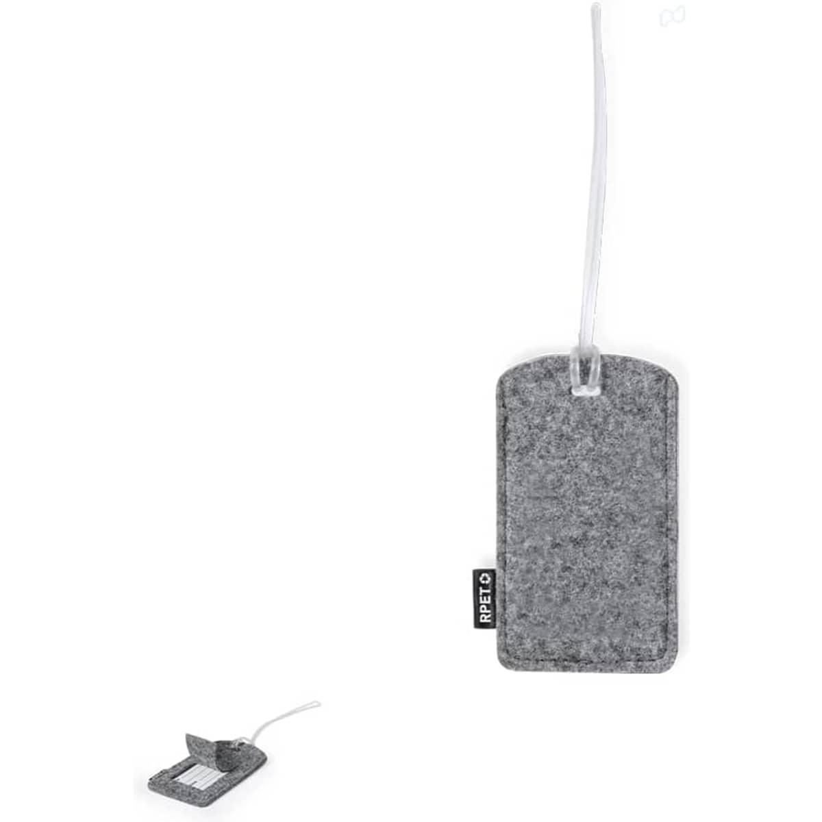 A grey luggage tag made of felt, featuring a clear loop for attachment and a logo on the side.