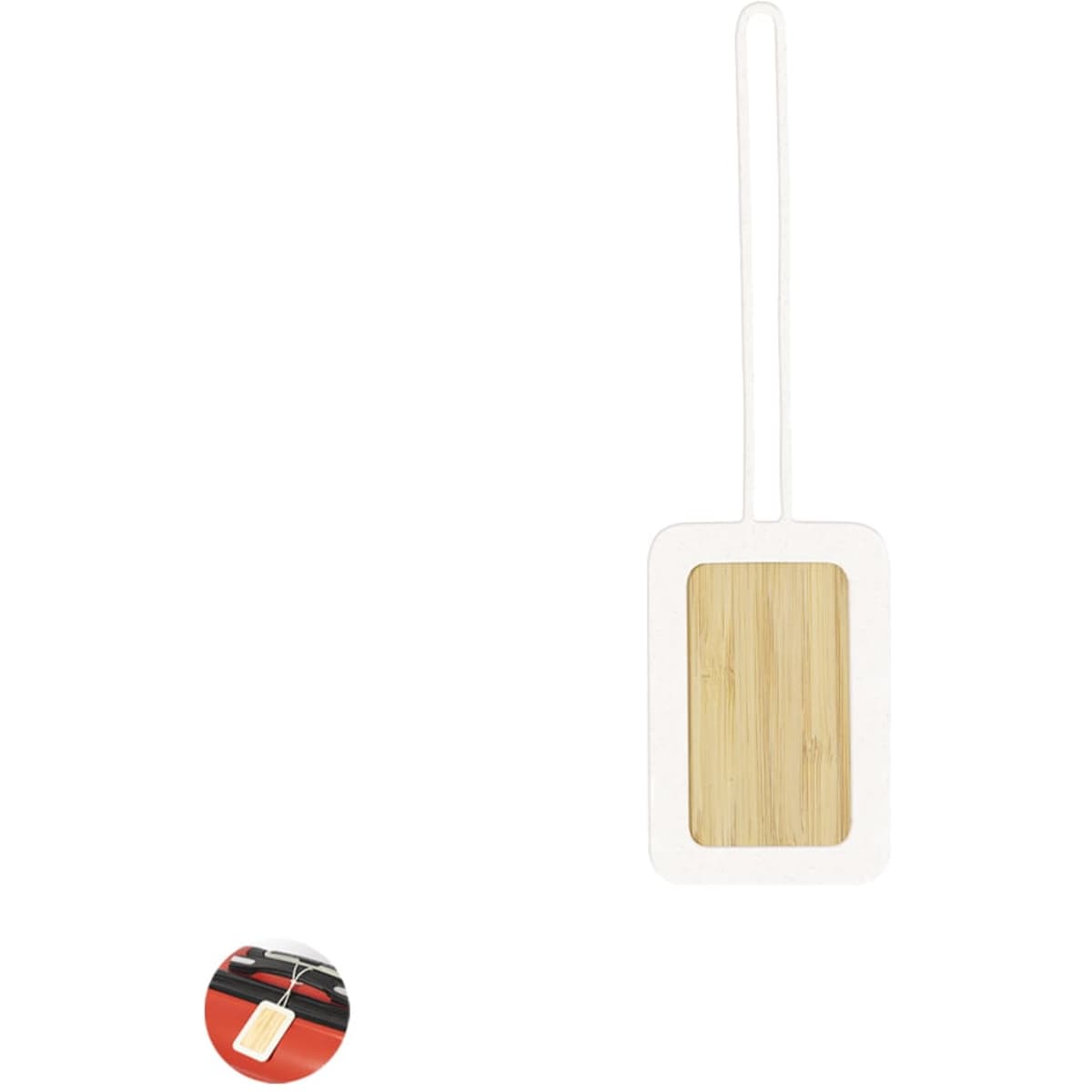 A luggage tag featuring a rectangular bamboo insert, framed in white, with a loop for attachment.