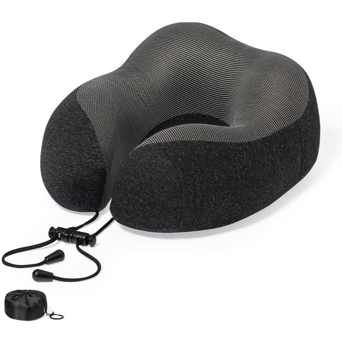 A black and grey travel neck pillow with a drawstring pouch for storage. It features a contoured design for comfort.