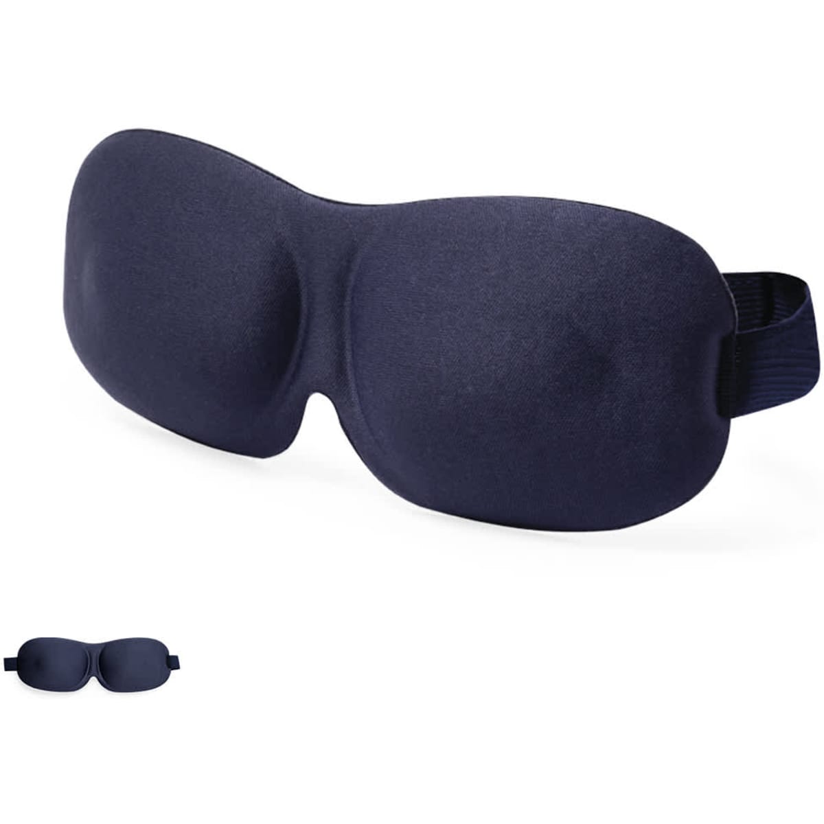 A sleep mask in navy blue with a contoured shape and an adjustable strap, featuring a logo on the side.