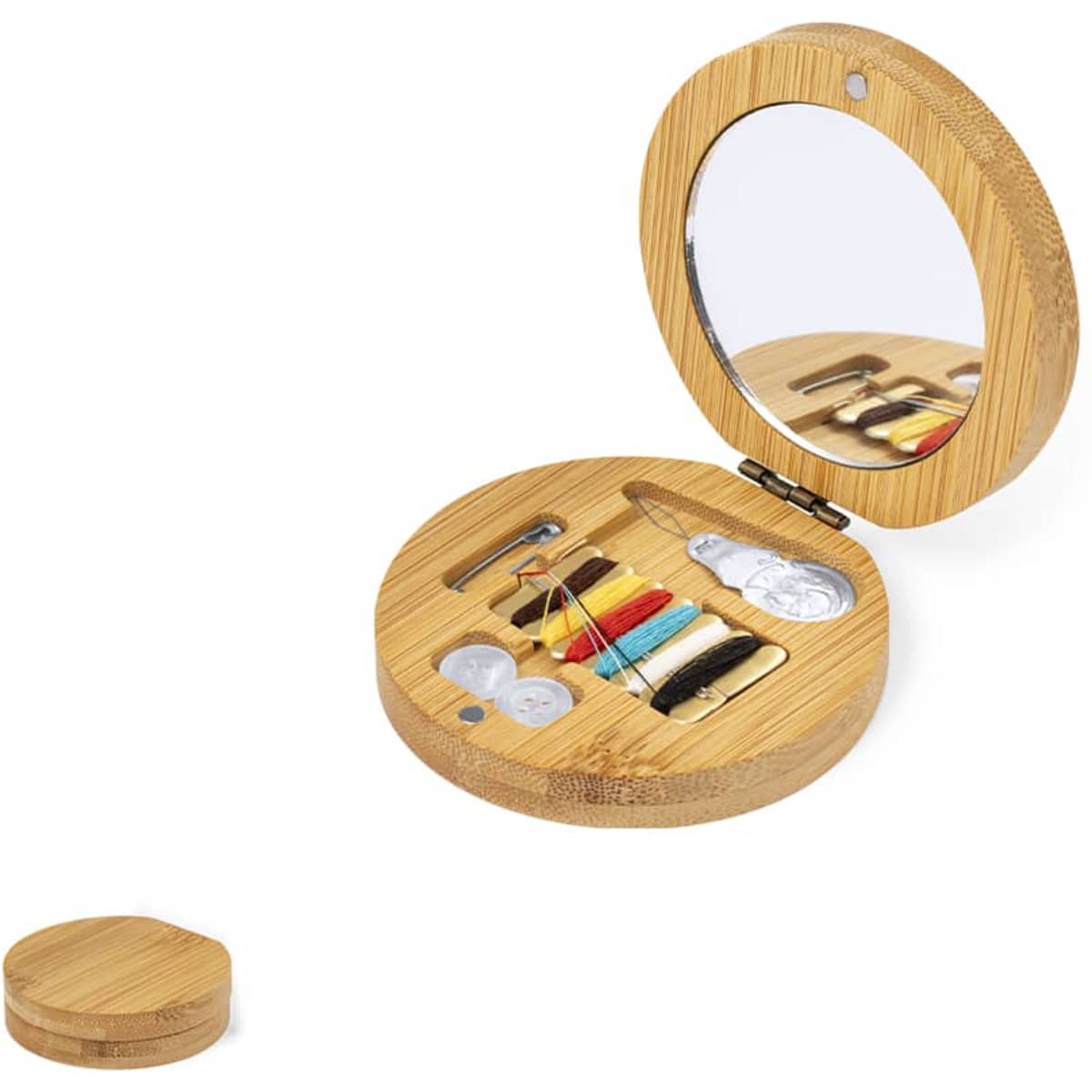 A circular bamboo sewing kit with a mirror, containing threads, needles, and buttons in various colours.