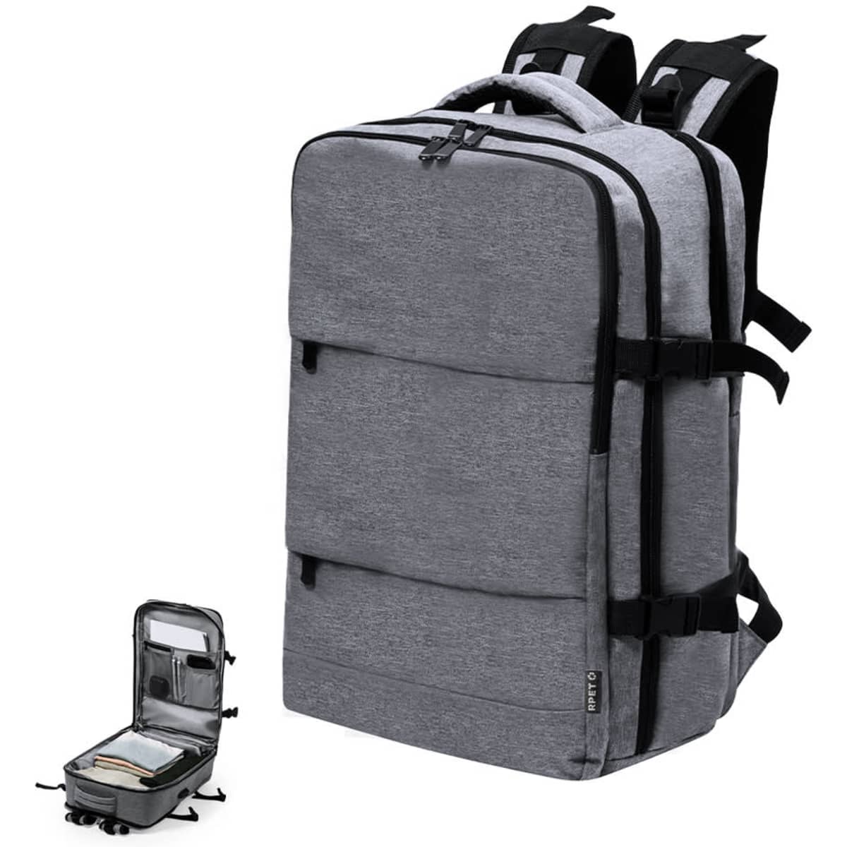 A grey backpack with multiple compartments and straps, featuring a sleek design and a visible logo.
