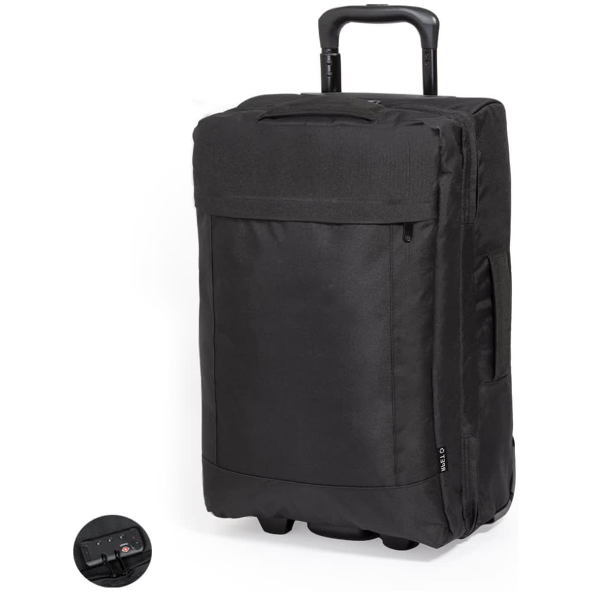 A wheeled bag in black, featuring a retractable handle and additional side pockets. It has a logo on the front.