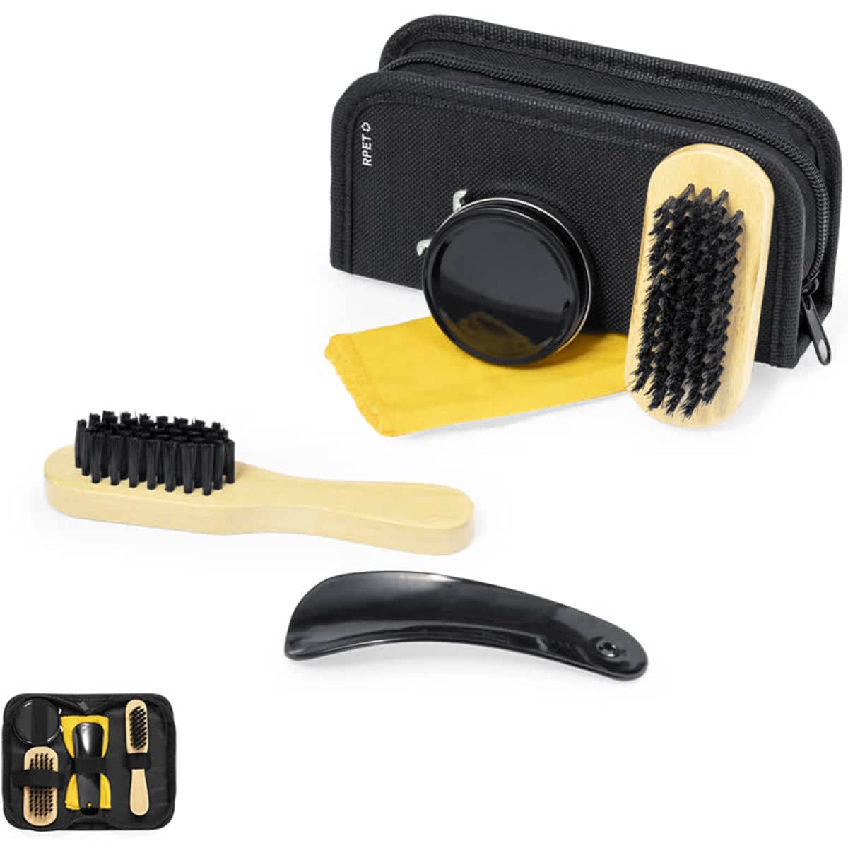 A grooming kit featuring a black case, a wooden brush, a comb, and styling products. The set includes a yellow cloth.