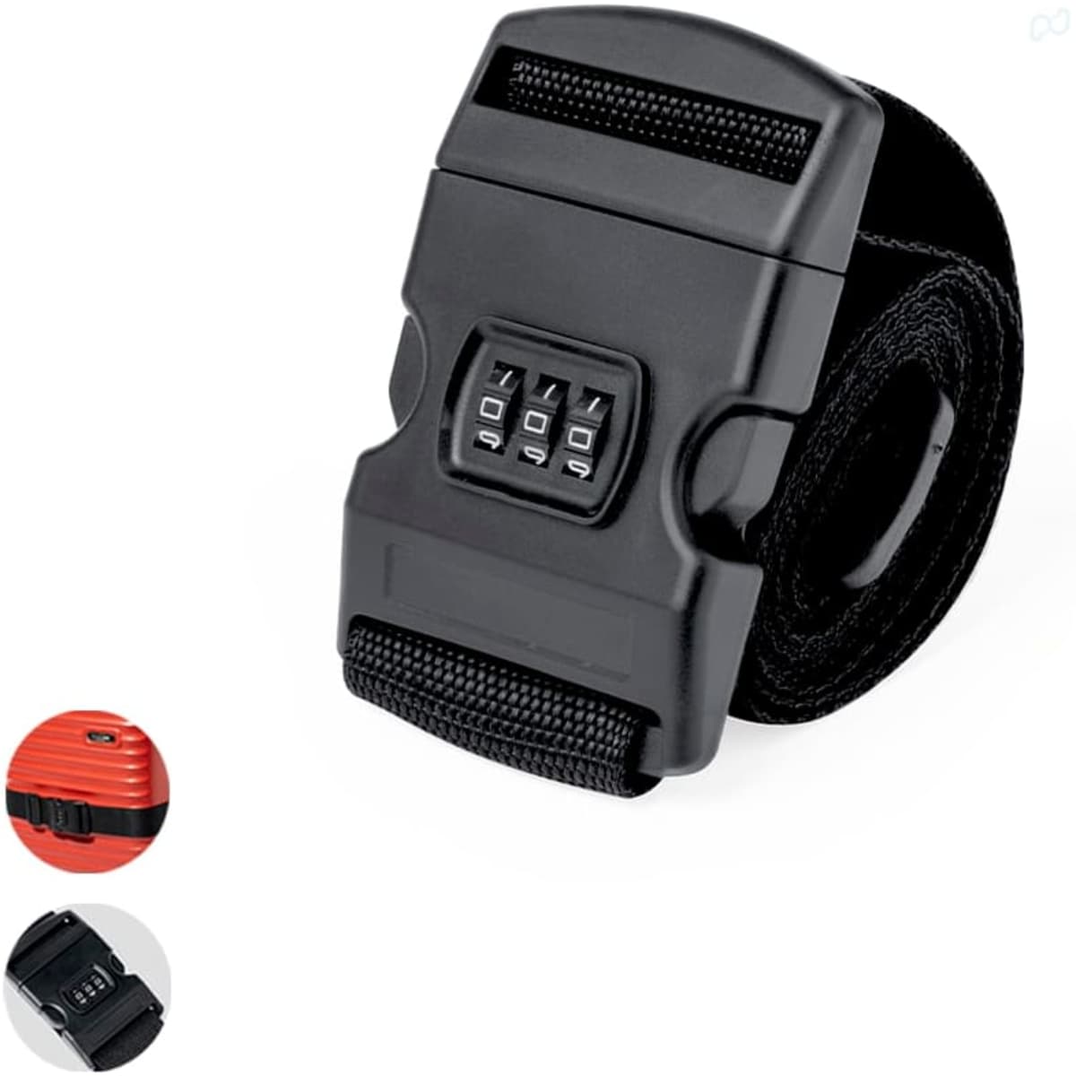 A black securing strap with a combination lock and adjustable length, featuring various attachments in the background.