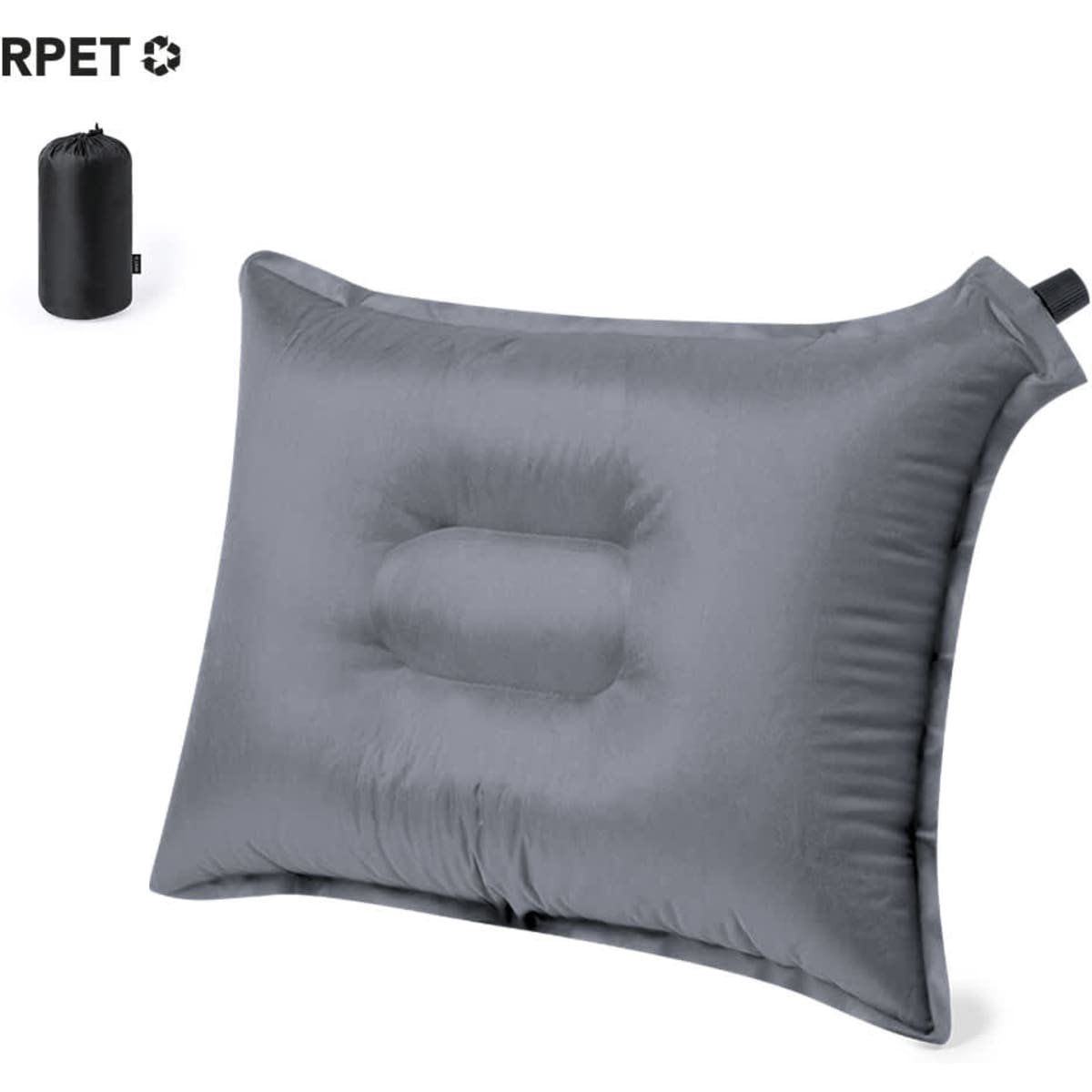 A grey inflatable pillow with a contoured centre, accompanied by a small black storage pouch.