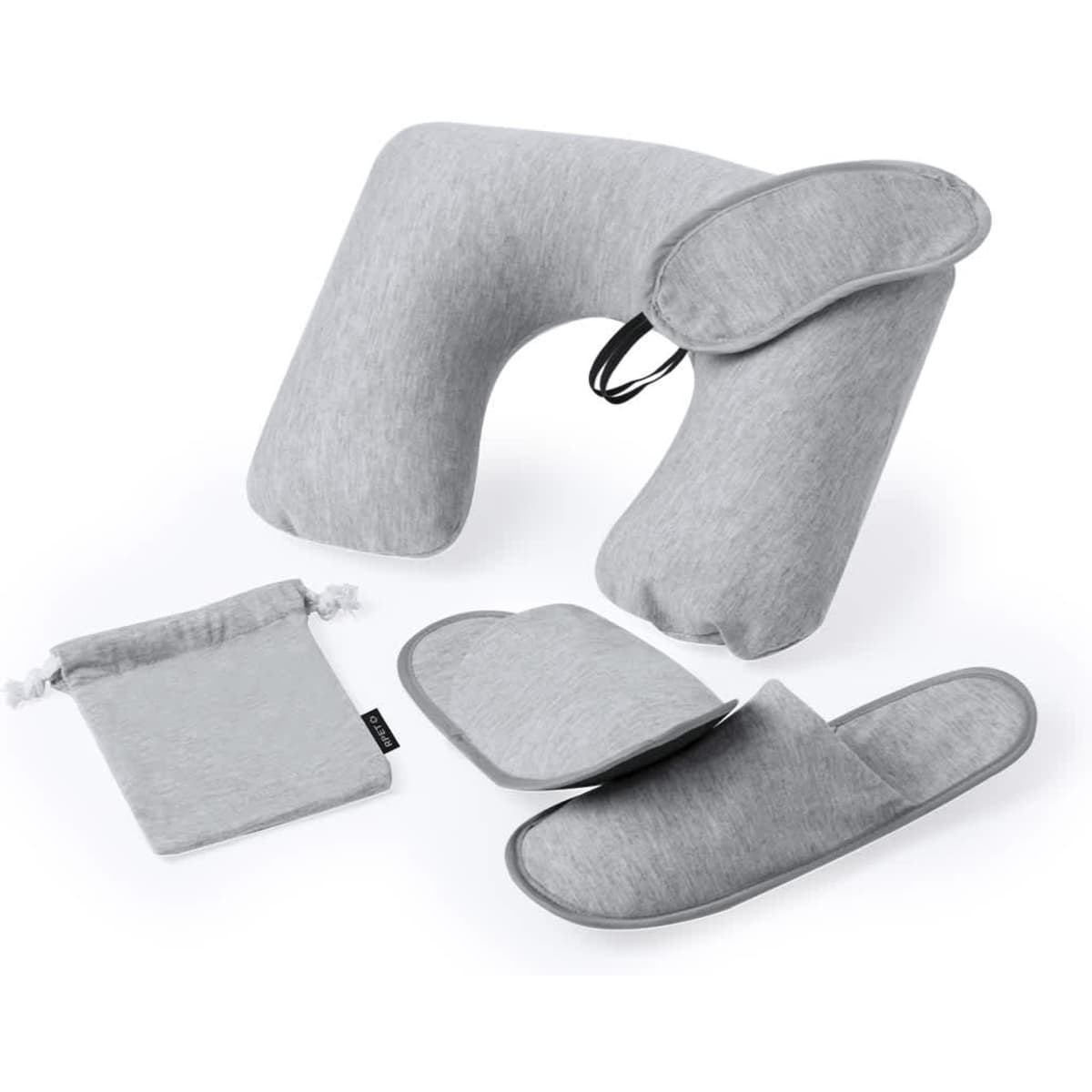 A grey travel set featuring a neck pillow, eye mask, and slippers, all in matching grey fabric with a logo.