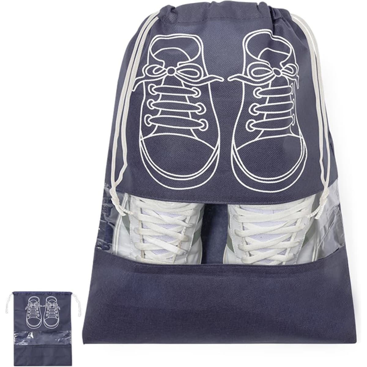 A navy drawstring bag featuring a transparent compartment for shoes, with a printed shoe design on the front.