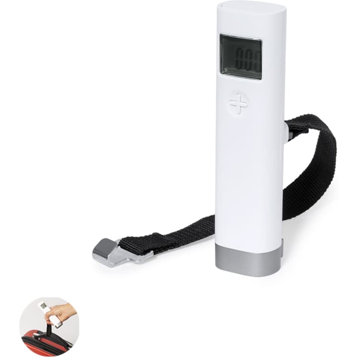 A digital luggage scale in white with a black strap, featuring a small display for weight measurements.