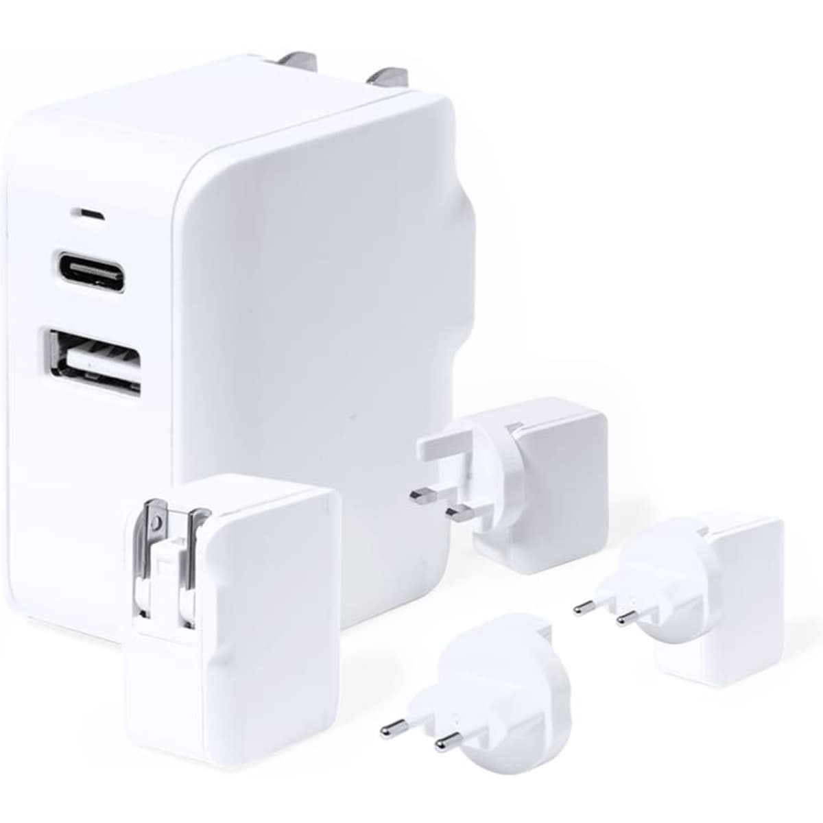 A white travel adaptor with USB ports and interchangeable plugs in various styles. It includes a logo.