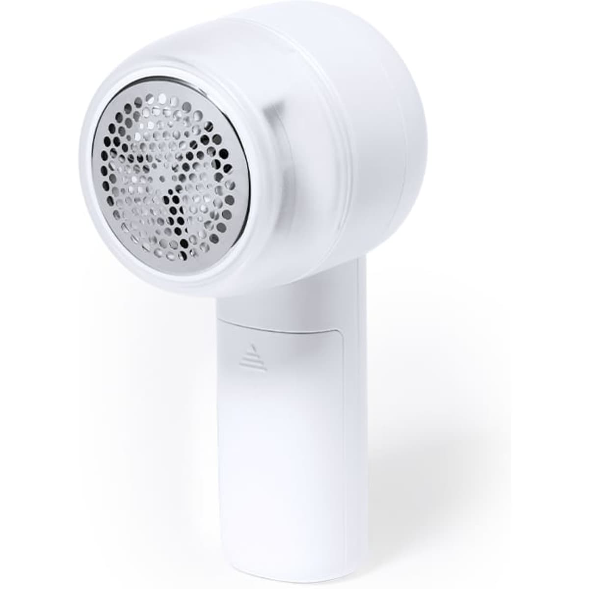 A white lint remover with a circular shaving head and a sleek handle, designed for fabric care.