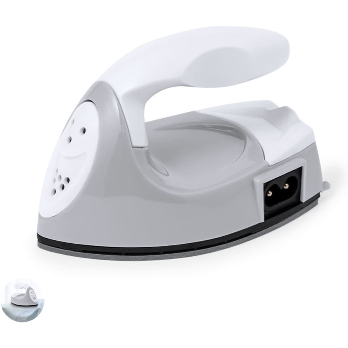 A compact grey steam iron with a white handle and a visible power socket. The product features a logo on the front.