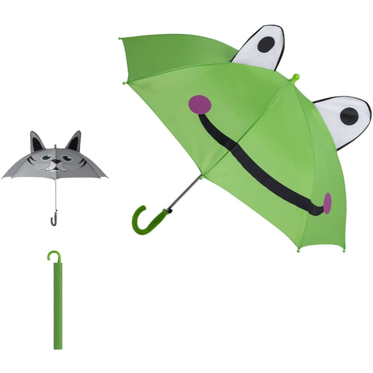 A green umbrella featuring a playful frog design with eyes and a smiling mouth, alongside a grey cat-themed umbrella.