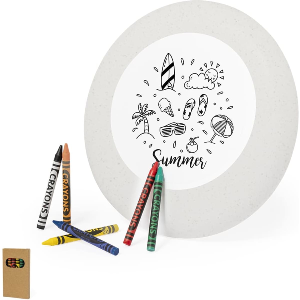 A round plate with a summer-themed design in the centre, surrounded by several colourful crayons and a small notepad.