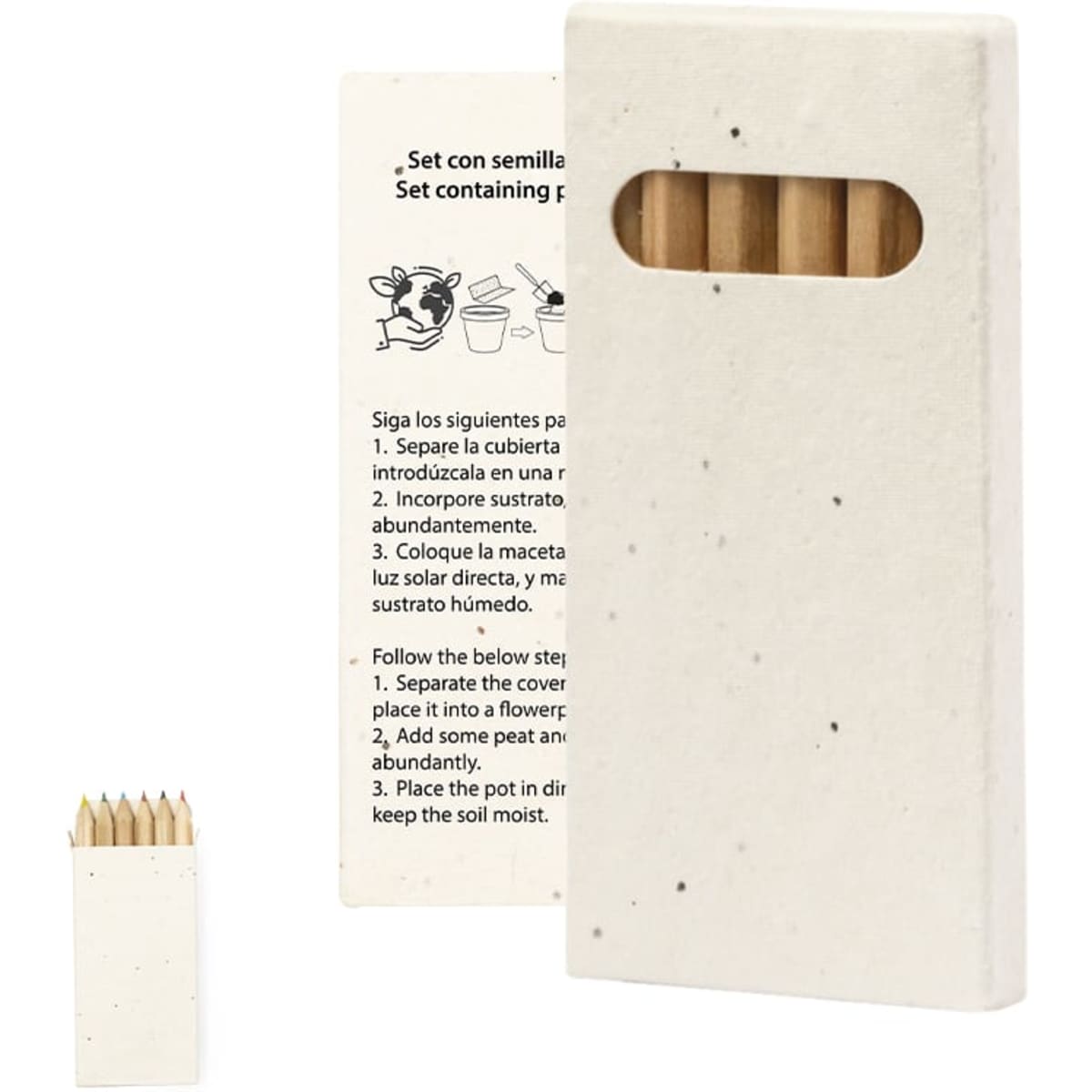 A set of coloured pencils packaged in a rectangular, textured white box with a window showcasing the pencils inside.