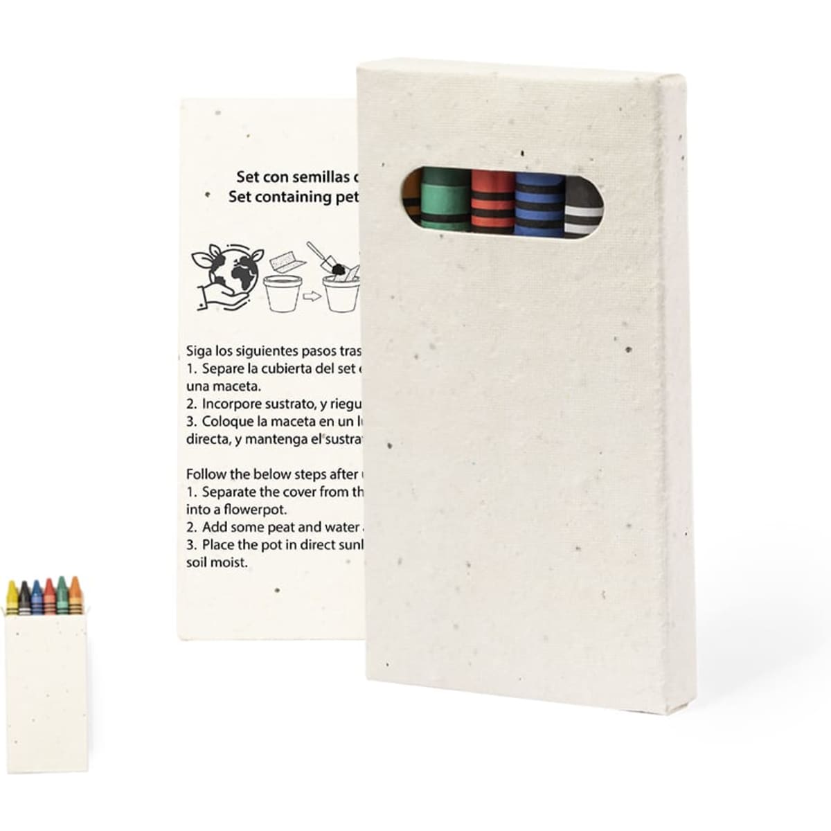 A novelty seed pencil set in a textured, light grey container with colourful pencils partially visible.