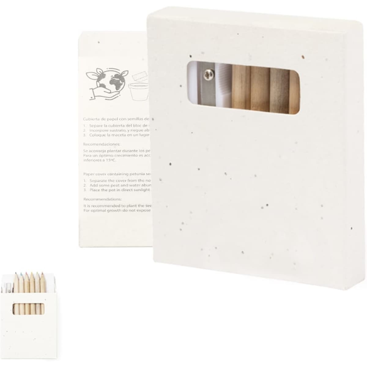 A set of coloured pencils in a light-coloured, speckled box with a transparent window. The box features a branding logo.