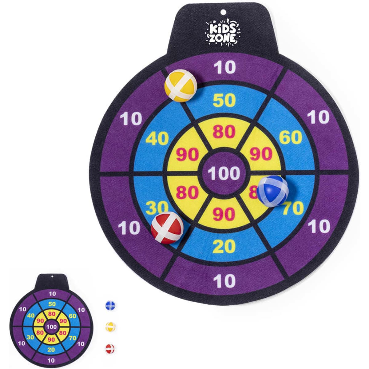 A dartboard game with colourful sections for scoring, featuring three soft projectiles in blue, red, and yellow.