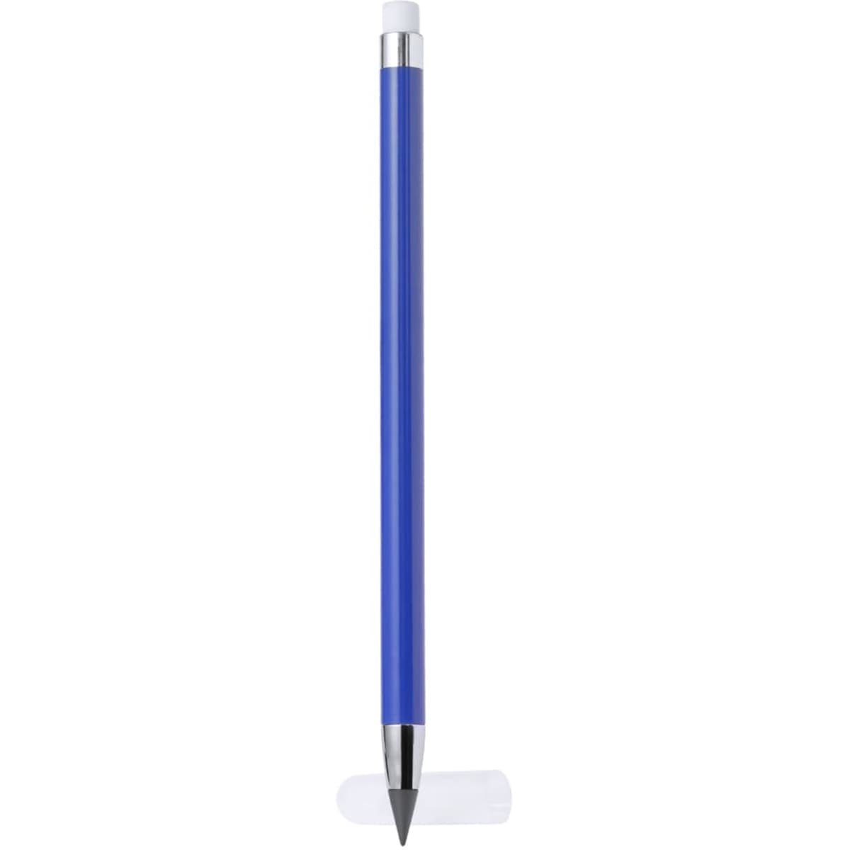 A blue Astril pencil with a silver tip, featuring a clear eraser and a branding logo.