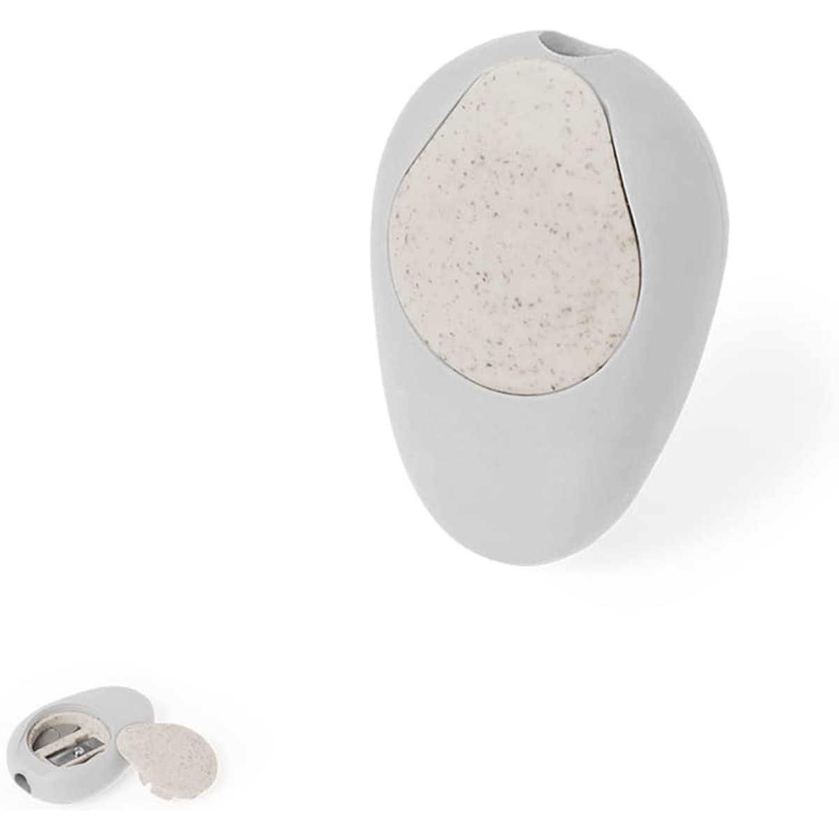 A grey pencil sharpener with a light-coloured sharpening compartment, featuring a detachable lid.