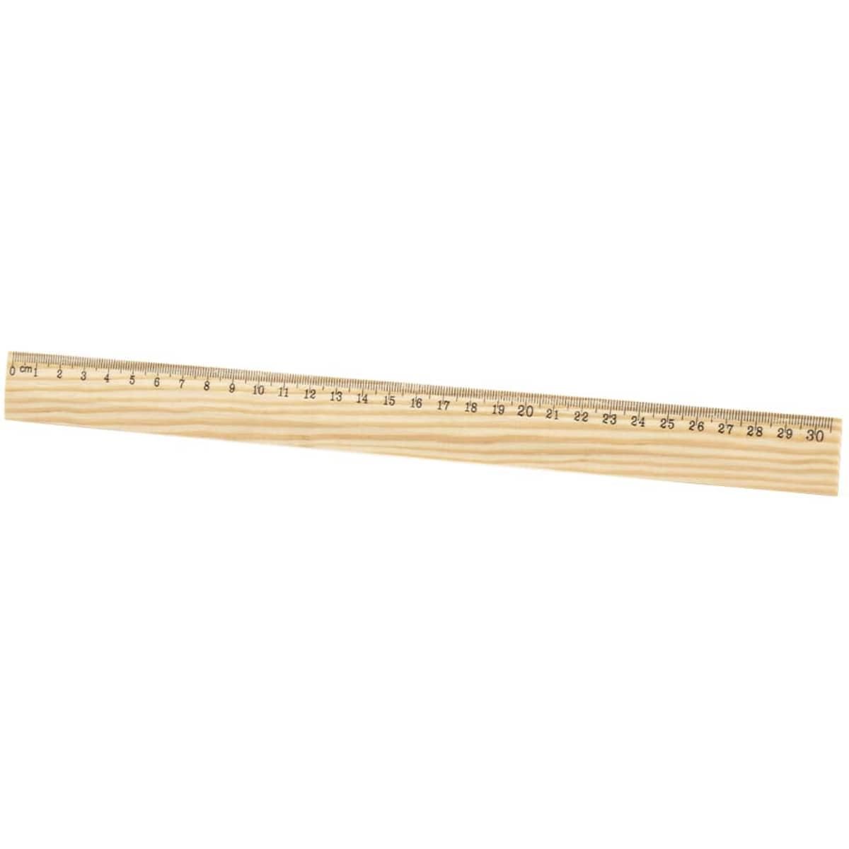 A wooden ruler with metric measurements, featuring a smooth finish and a simple design, including a logo.