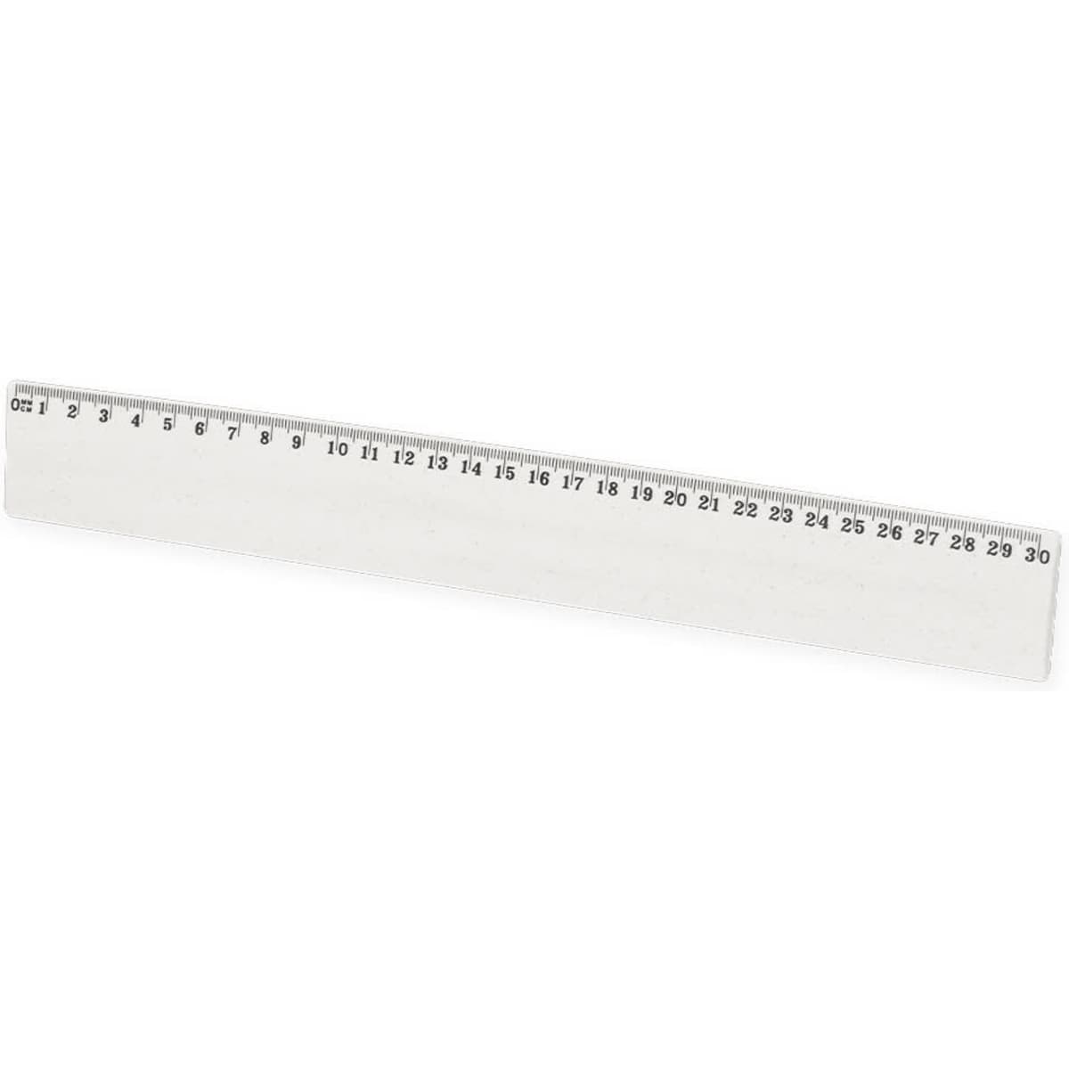 A clear plastic ruler with metric and imperial measurements, featuring a branding logo.