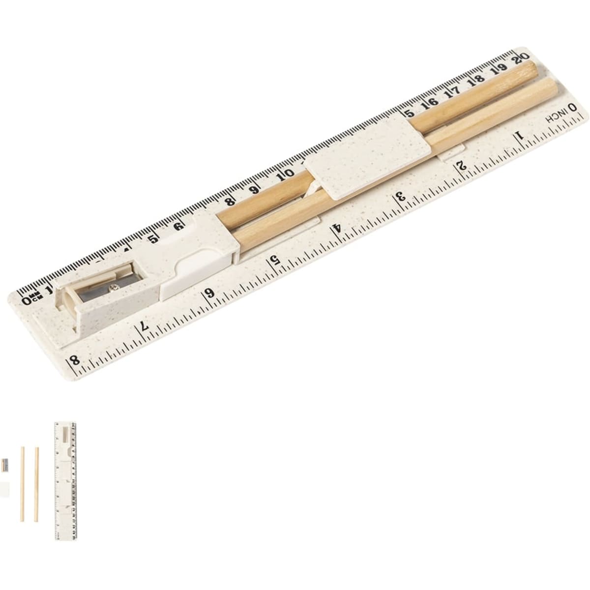 A wooden ruler with sliding mechanism and measurement markings, accompanied by small wooden sticks, featuring a logo.