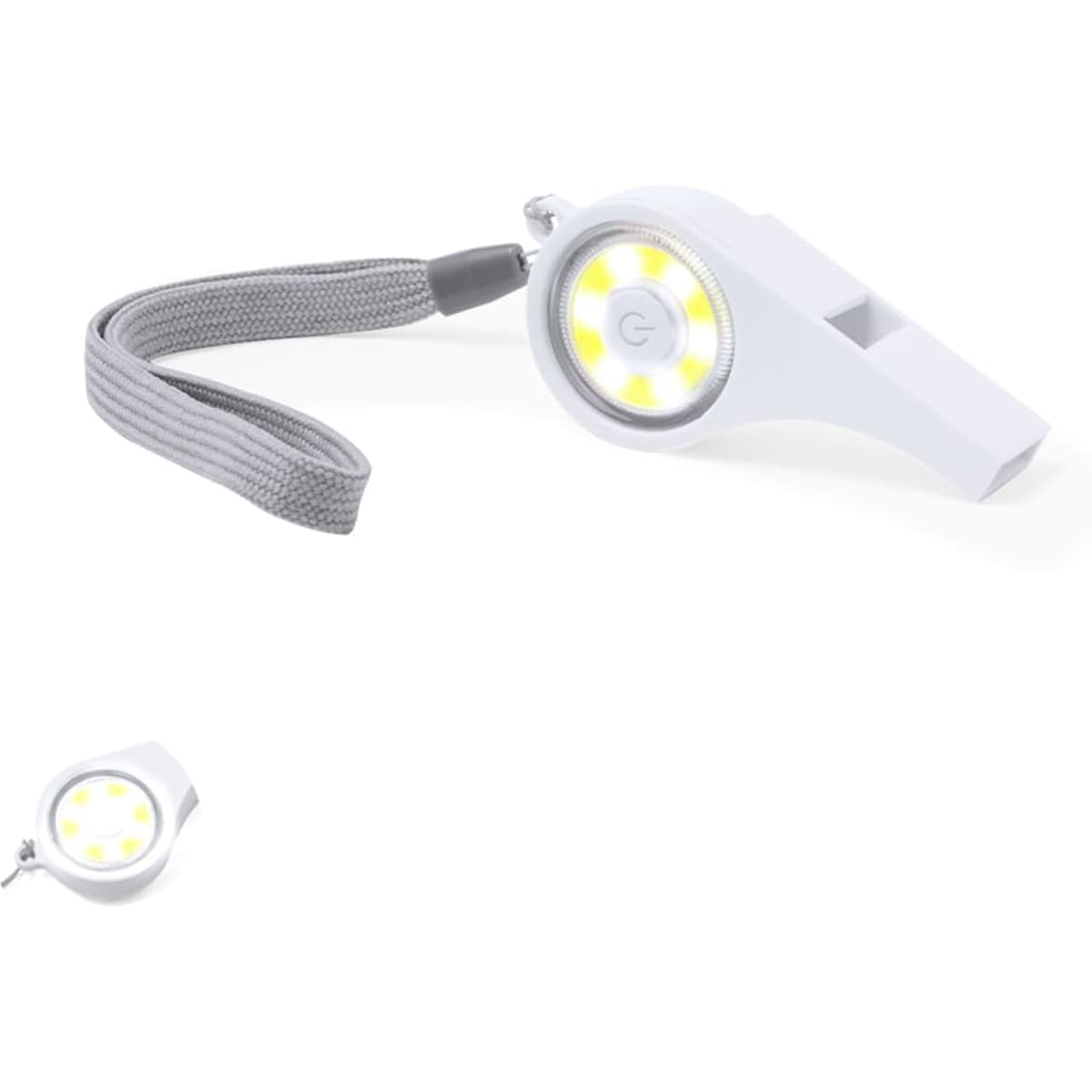 A white LED torch with a grey strap, featuring a circular light design and a branding logo.