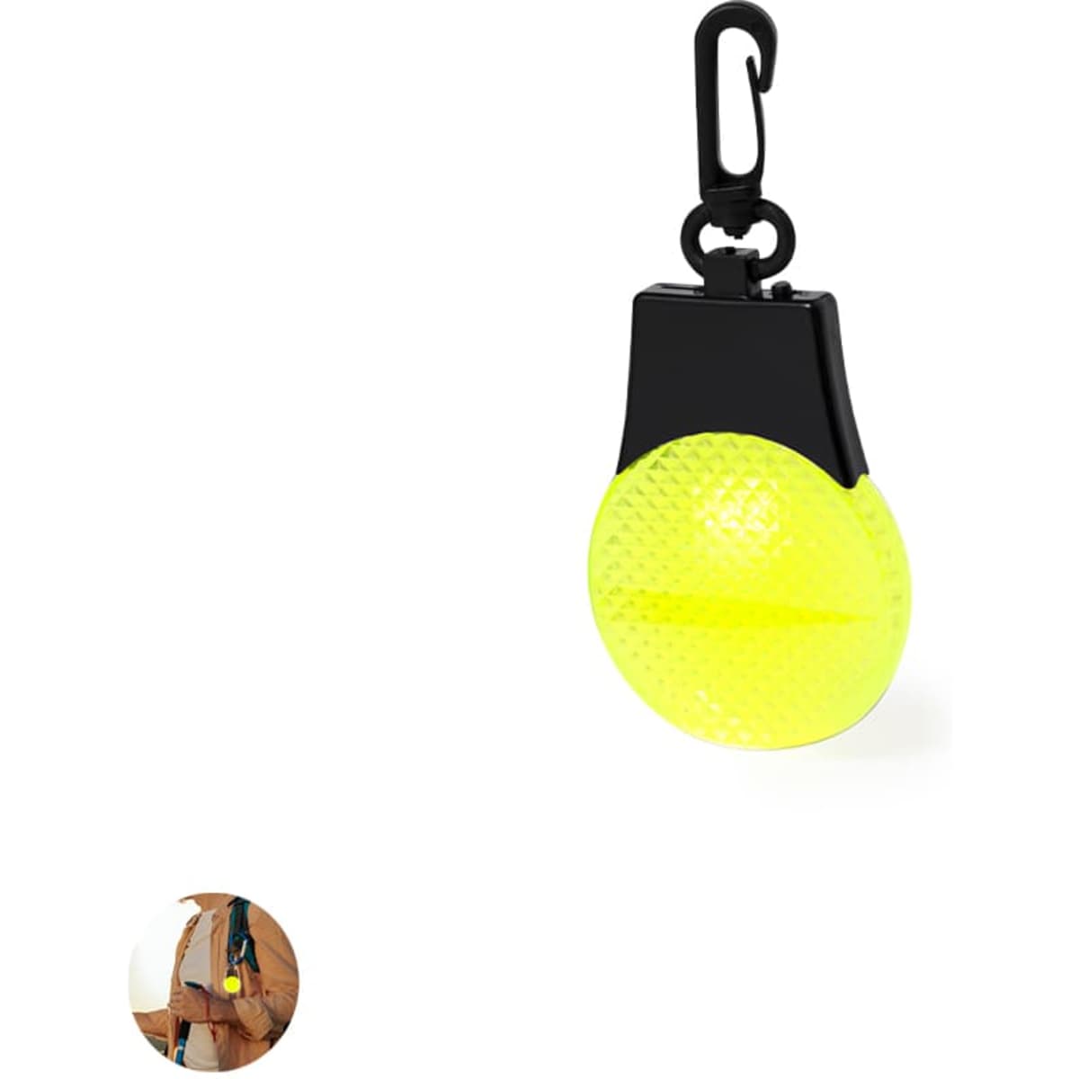 A yellow reflective keychain light with a black clip for attaching. It has a textured surface and a compact design.
