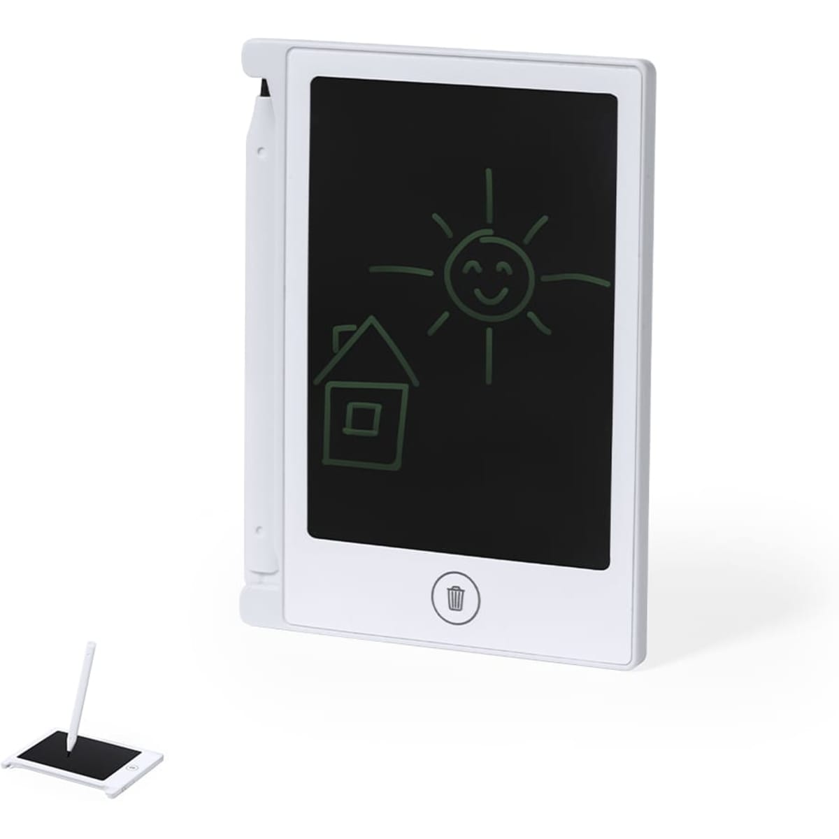 A writing tablet in white, featuring a drawing of a sun and house, with a stylus included.
