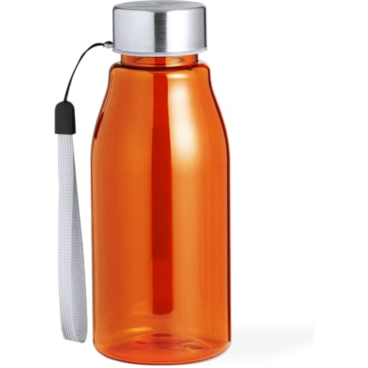 A drink bottle in bright orange with a silver screw top and a grey strap. It features a branding logo.