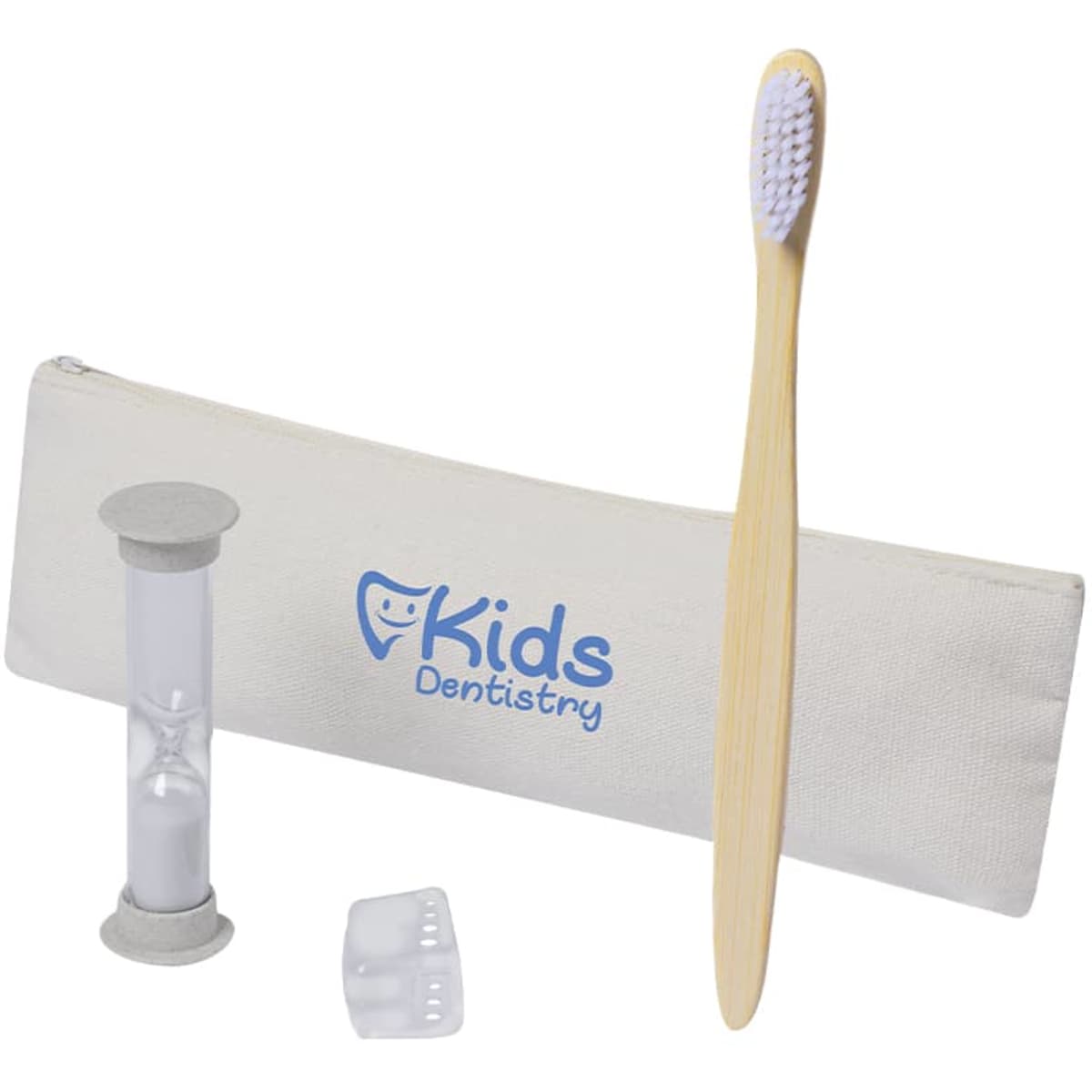 A bamboo toothbrush, hourglass timer, and two toothbrush heads in a cream pouch with a logo.