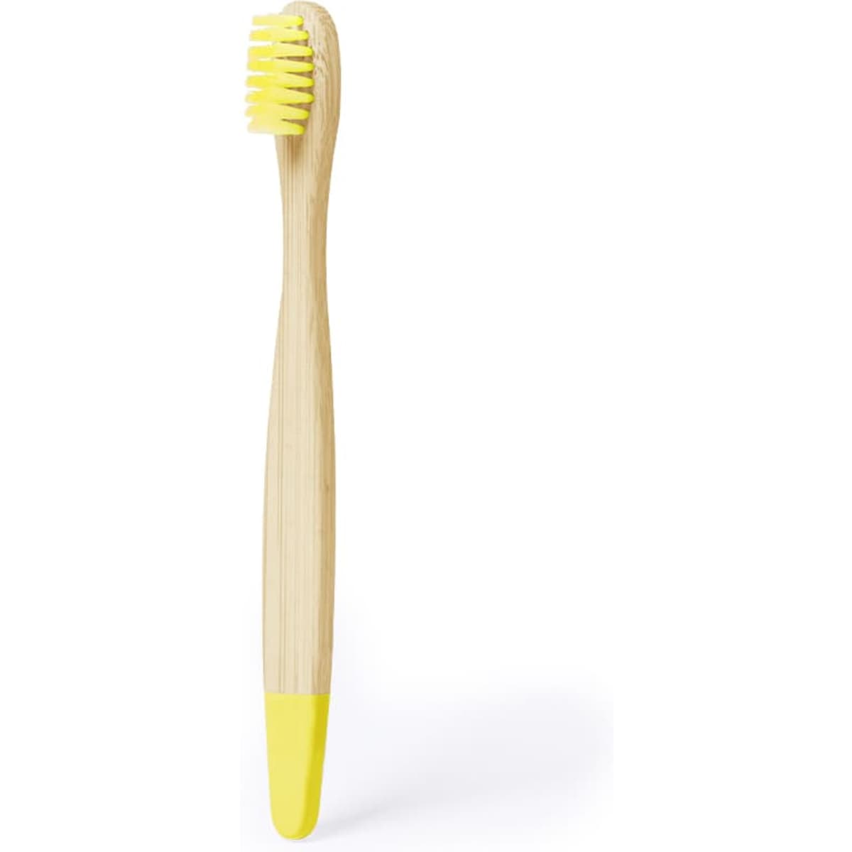 A bamboo toothbrush with a yellow-tipped handle and soft bristles. Features a simple logo on the handle.