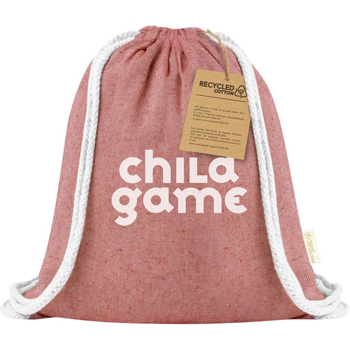 A red drawstring bag made of recycled cotton, featuring a white logo and contrasting white ropes.