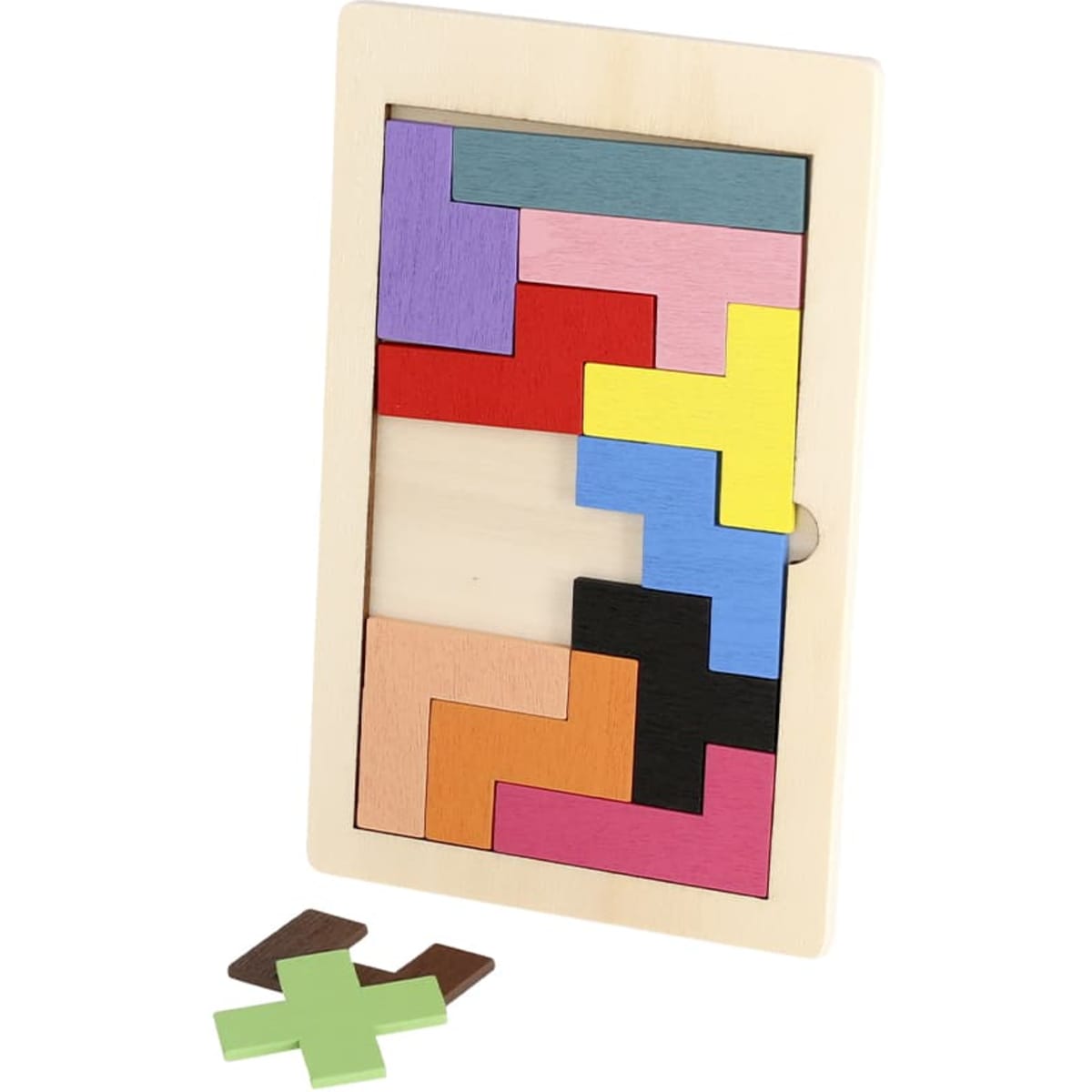 A wooden puzzle featuring various geometric pieces in vibrant colours, displayed in a rectangular frame.