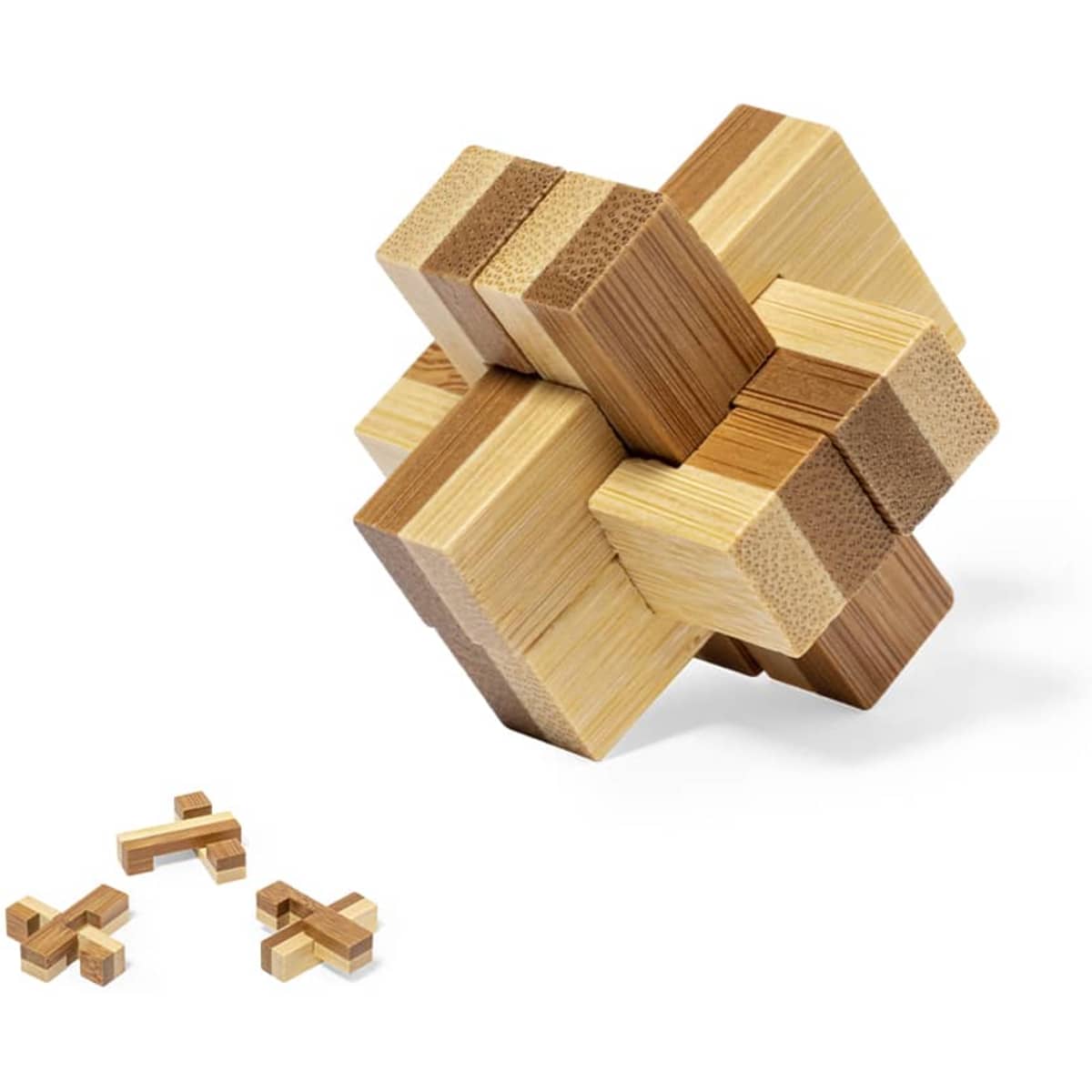 A wooden puzzle with interlocking pieces in shades of light brown and beige, featuring a logo.