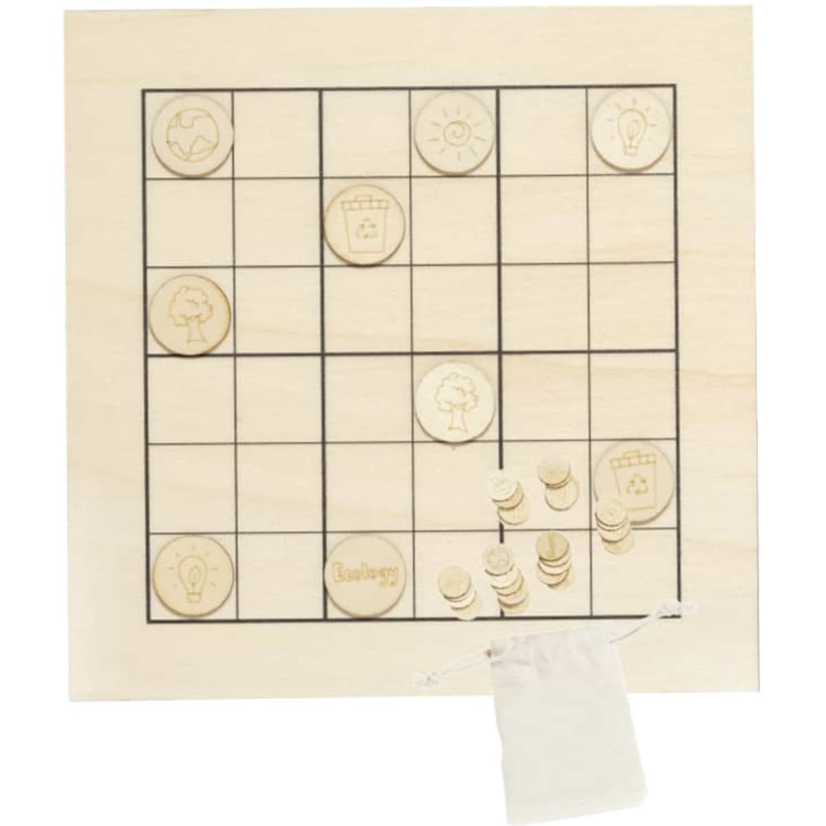A wooden Sudoku game board with engraved icons and a small pouch of wooden game pieces.