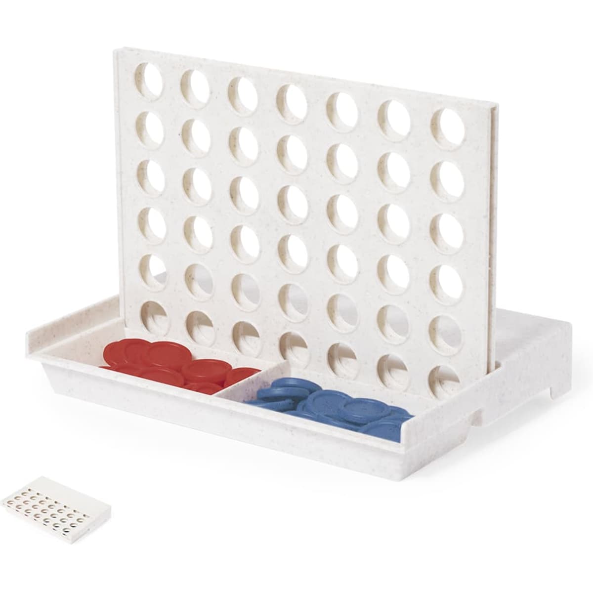 A game set featuring a vertical board and red and blue discs stored in a tray, ready for play.