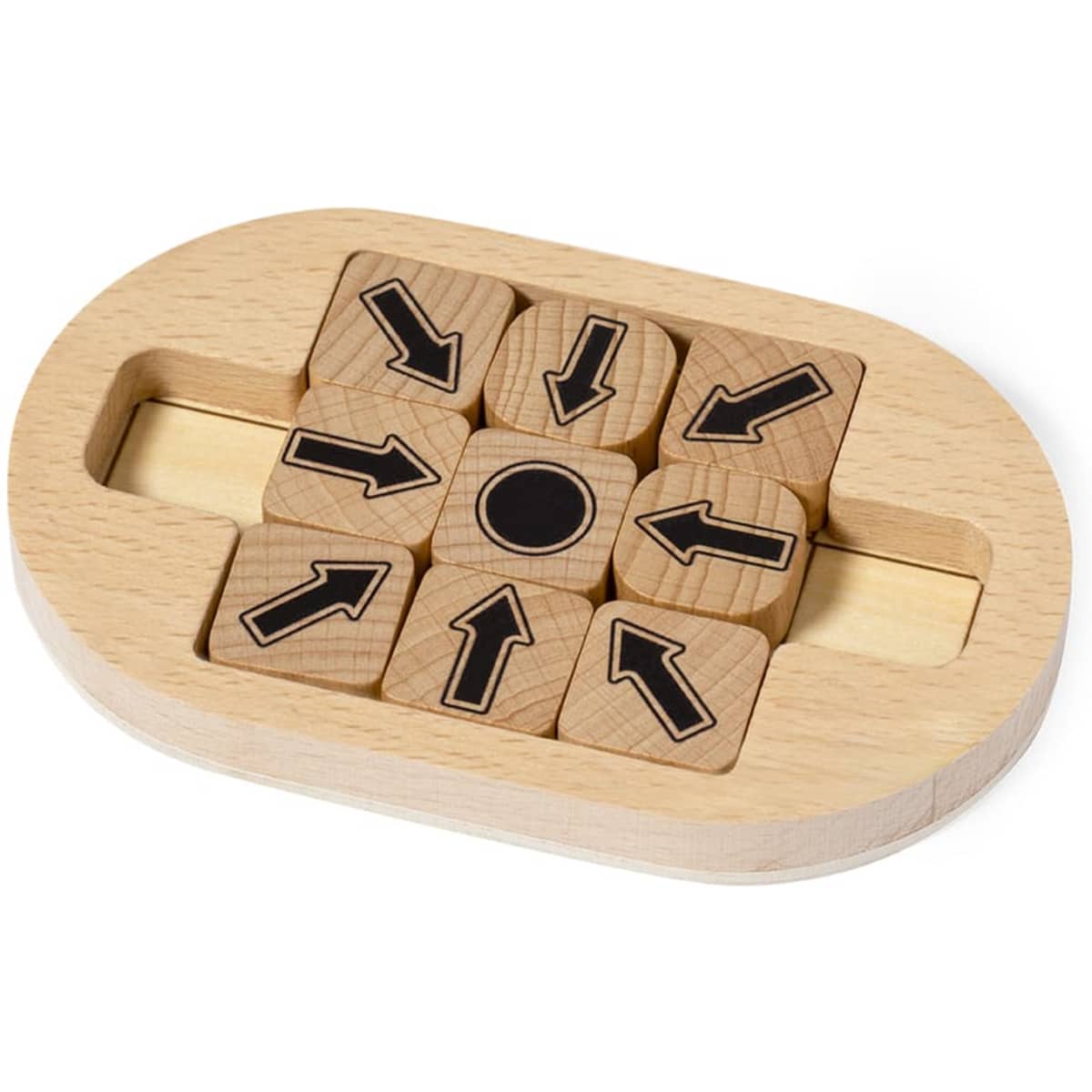 A wooden puzzle featuring nine directionally marked blocks arranged in an oval frame with a central hole.