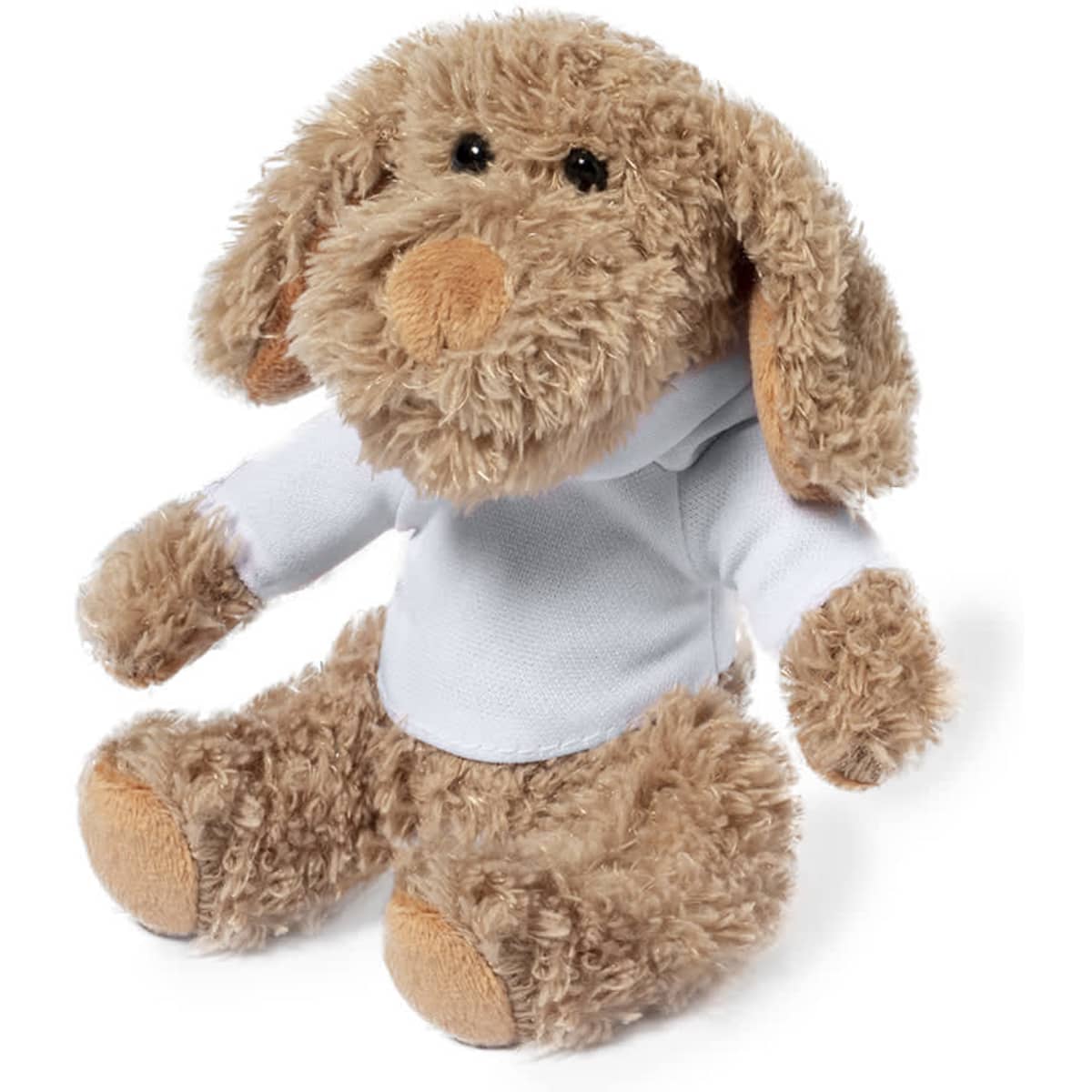 A plush toy dog in brown, wearing a white hoodie, with soft fur and floppy ears, sitting upright.