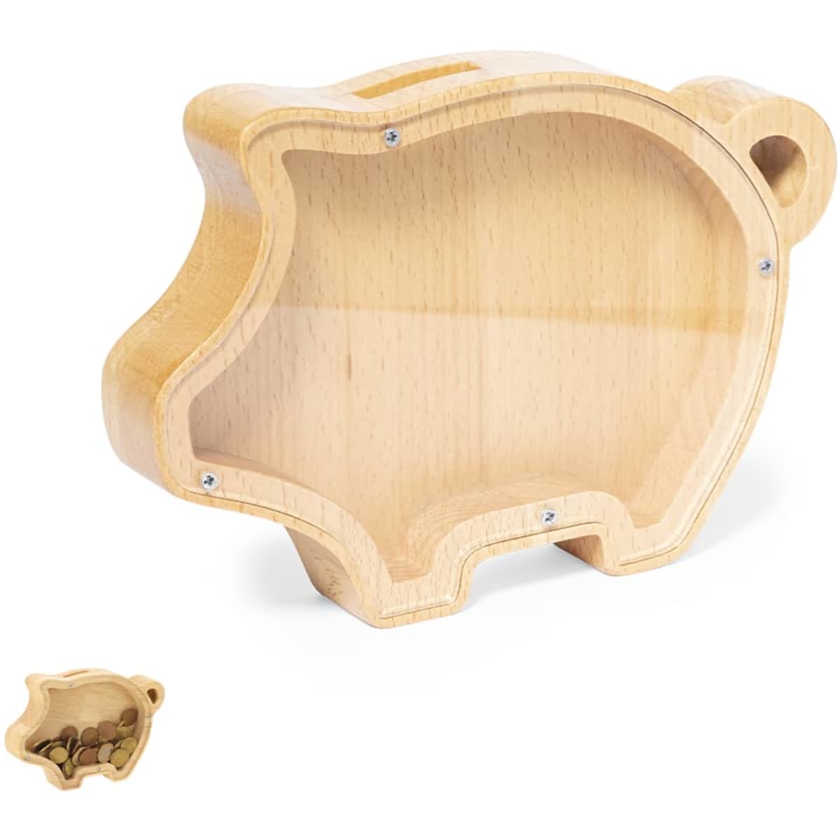 A wooden pig-shaped money box with a hollow interior and a small coin compartment. It has a natural finish.