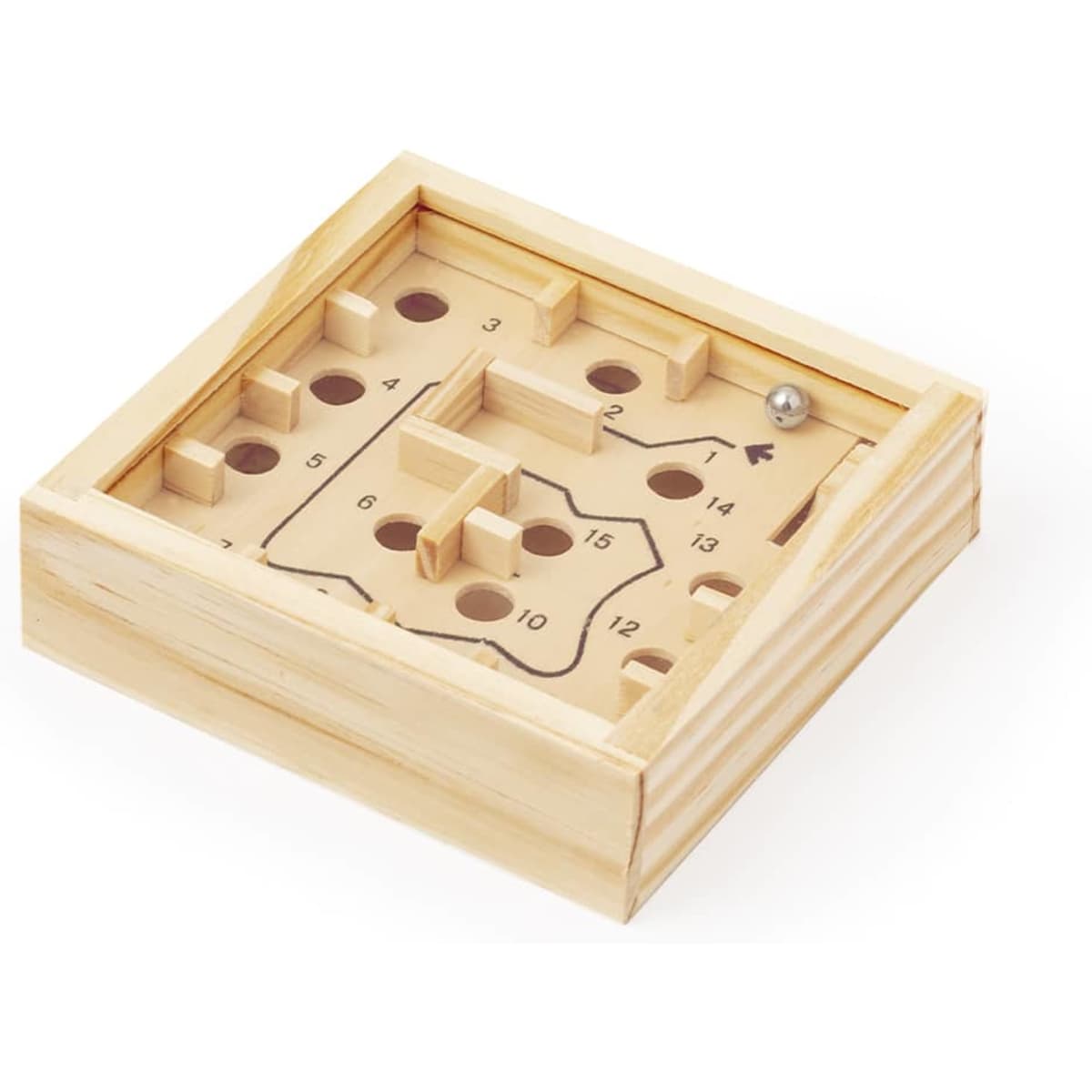 A wooden puzzle game in a square frame, featuring a metal ball and various pathways and holes for the ball to navigate.