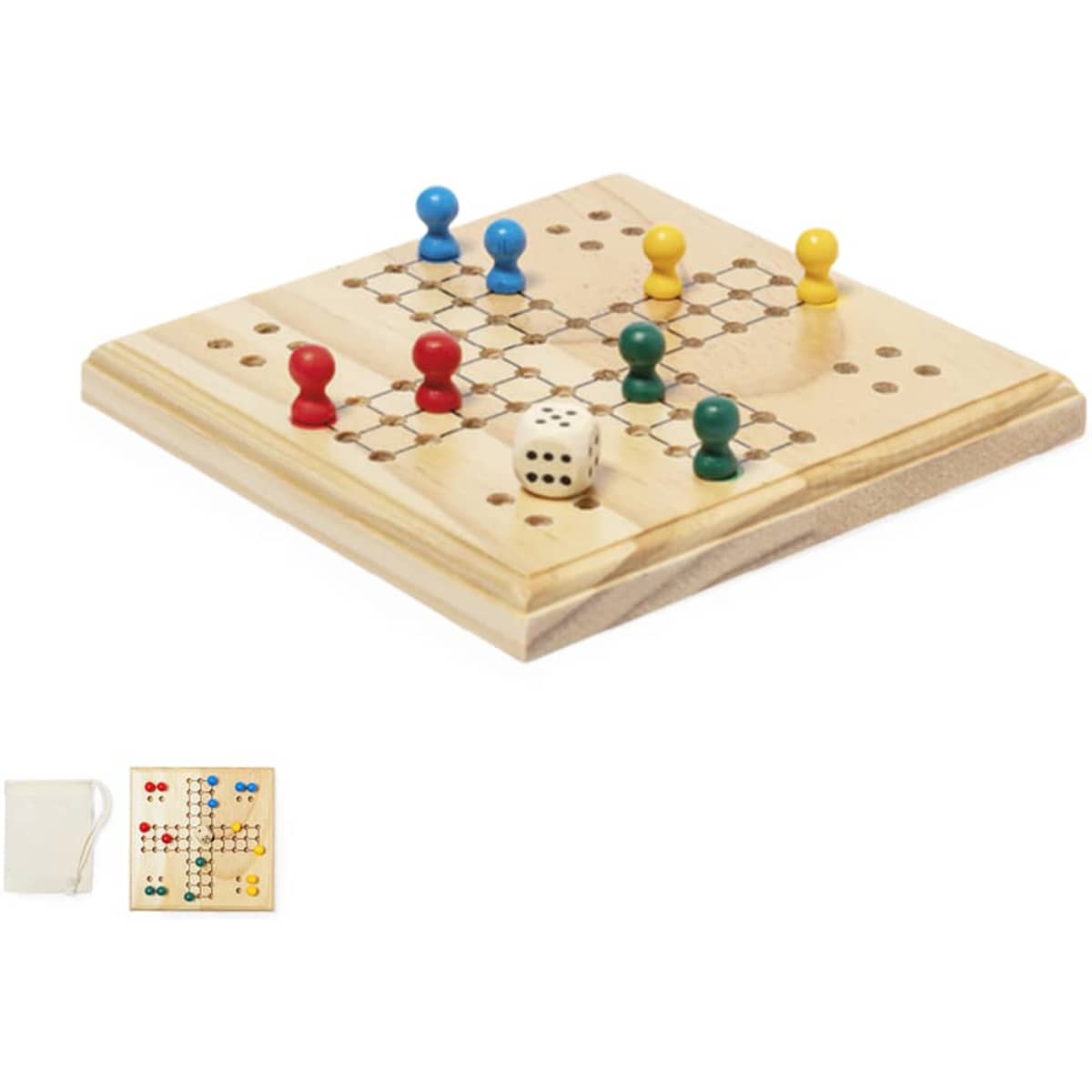 A wooden board game featuring colourful pegs in blue, green, yellow, and red, along with a die. It includes a carrying bag.